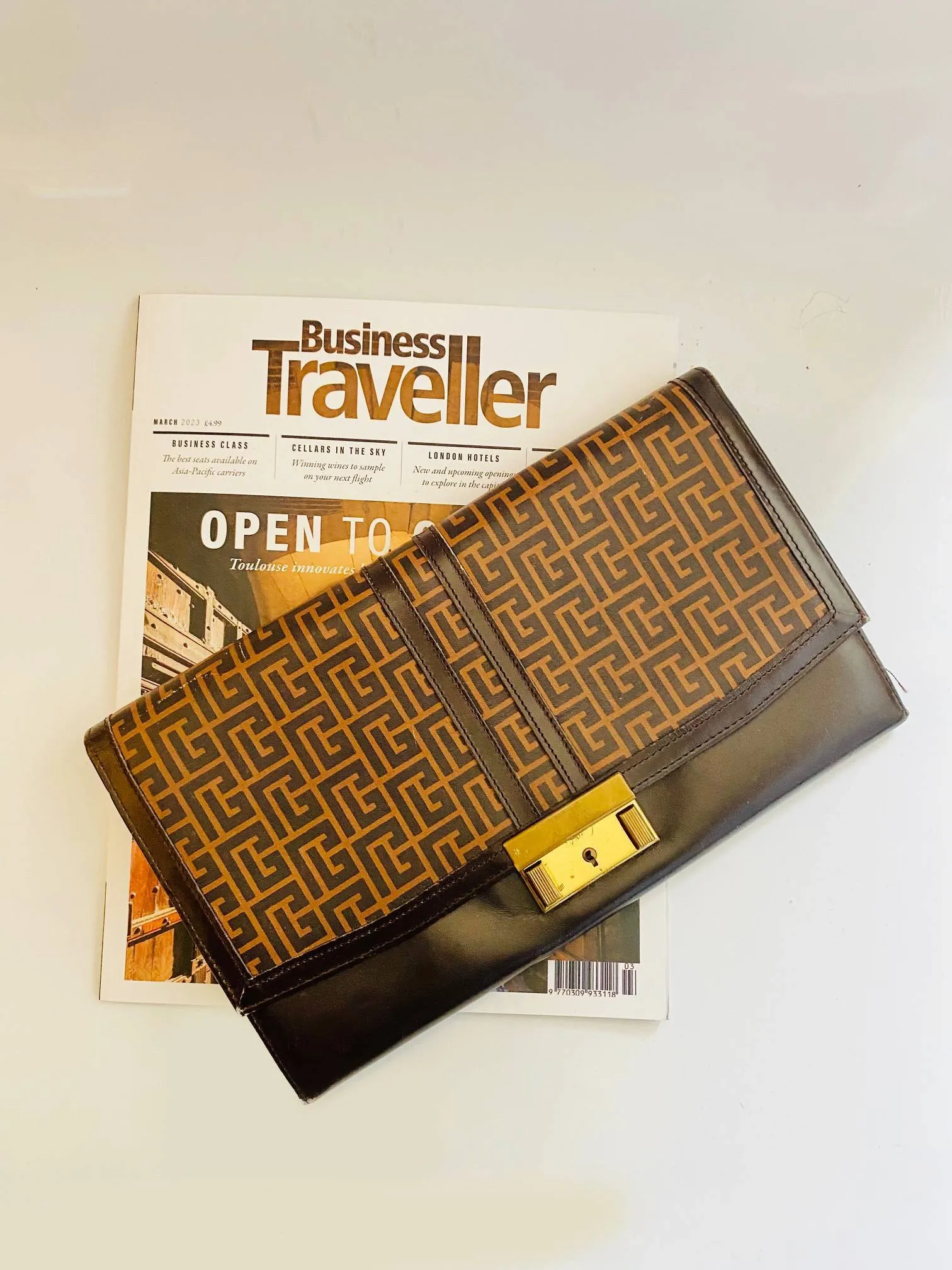 1970s Pierre Balmain Brown Geometric Print Leather Travel Wallet