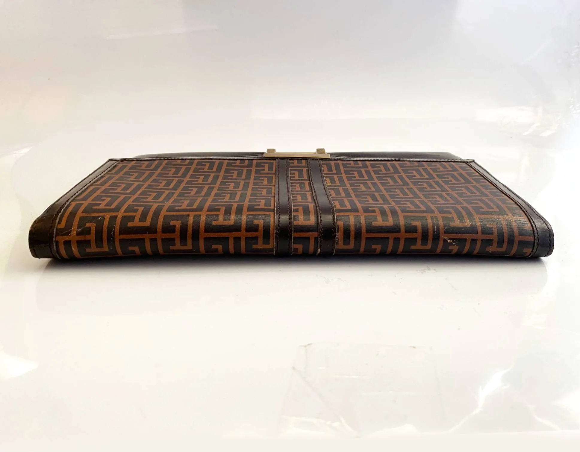 1970s Pierre Balmain Brown Geometric Print Leather Travel Wallet