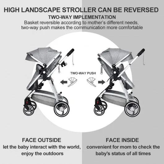 2 in 1 High Landscape Convertible Reversible Bassinet Pram-Light Gray