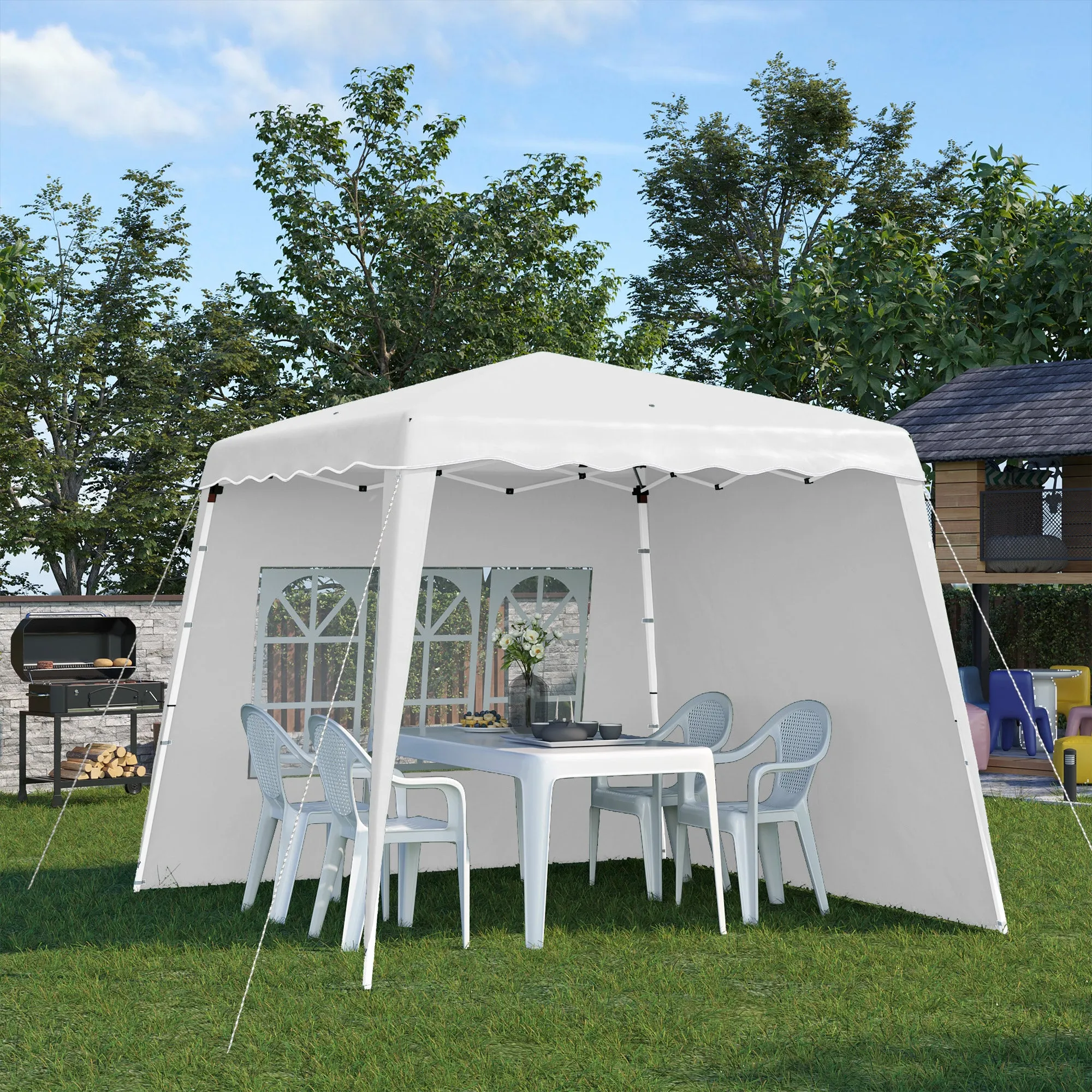 2.9 x 2.9m Pop Up Gazebo with 2 Sides, Slant Legs and Carry Bag, Height Adjustable UV50  Party Tent Event Shelter for Garden, Patio, White