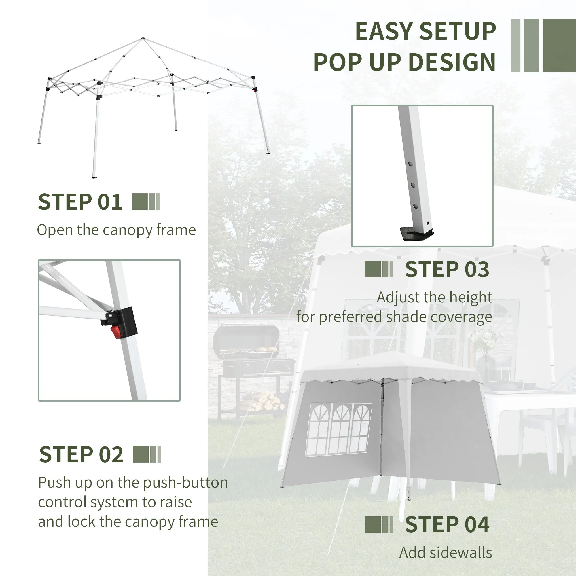 2.9 x 2.9m Pop Up Gazebo with 2 Sides, Slant Legs and Carry Bag, Height Adjustable UV50  Party Tent Event Shelter for Garden, Patio, White