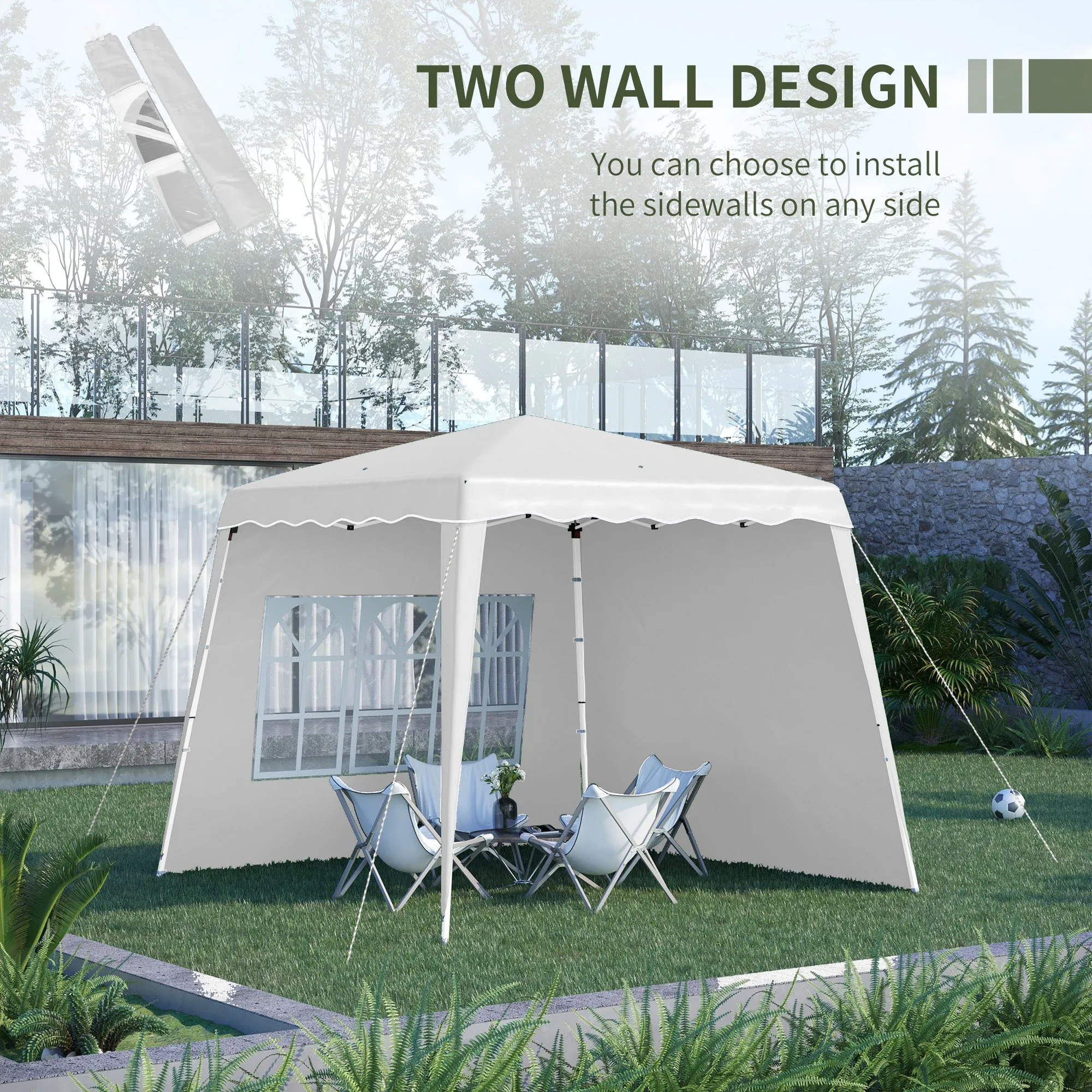 2.9 x 2.9m Pop Up Gazebo with 2 Sides, Slant Legs and Carry Bag, Height Adjustable UV50  Party Tent Event Shelter for Garden, Patio, White