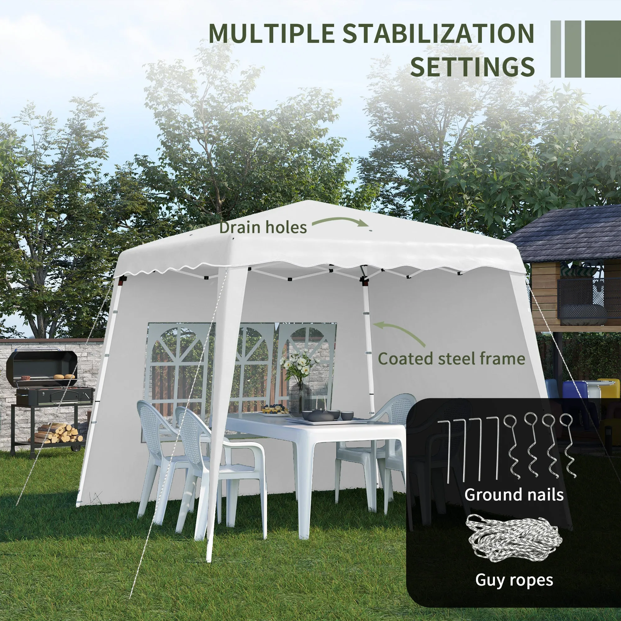 2.9 x 2.9m Pop Up Gazebo with 2 Sides, Slant Legs and Carry Bag, Height Adjustable UV50  Party Tent Event Shelter for Garden, Patio, White