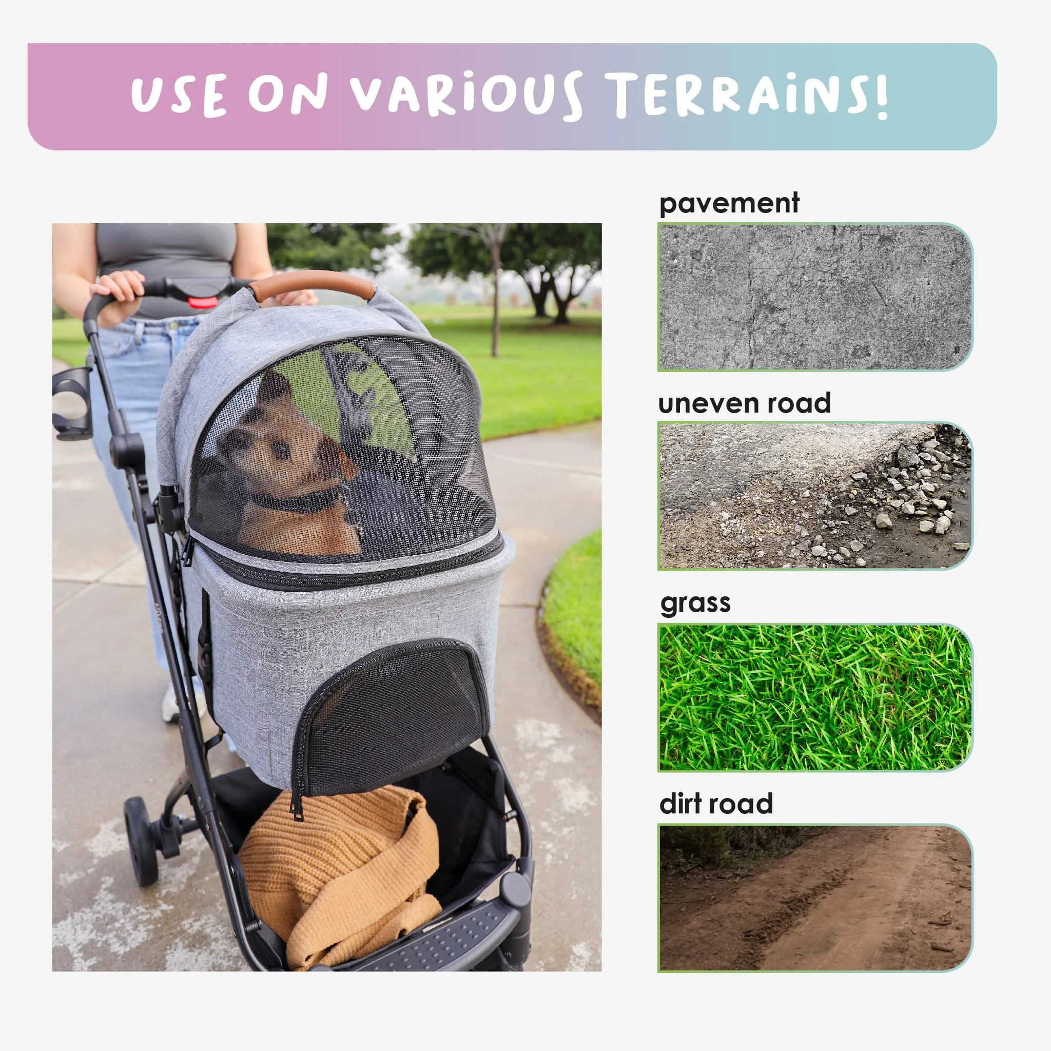 3-in-1 Travel Tri-Fold Pet Stroller: Detachable Carrier, Car Seat, Patented Pee Pad Insert, Lightweight, Collapsible, Pump-Free Wheels, Storage, Ventilation, Dual Wheel Brake, for Dogs, Cats, Small Animals, Supports up to 55 LBS