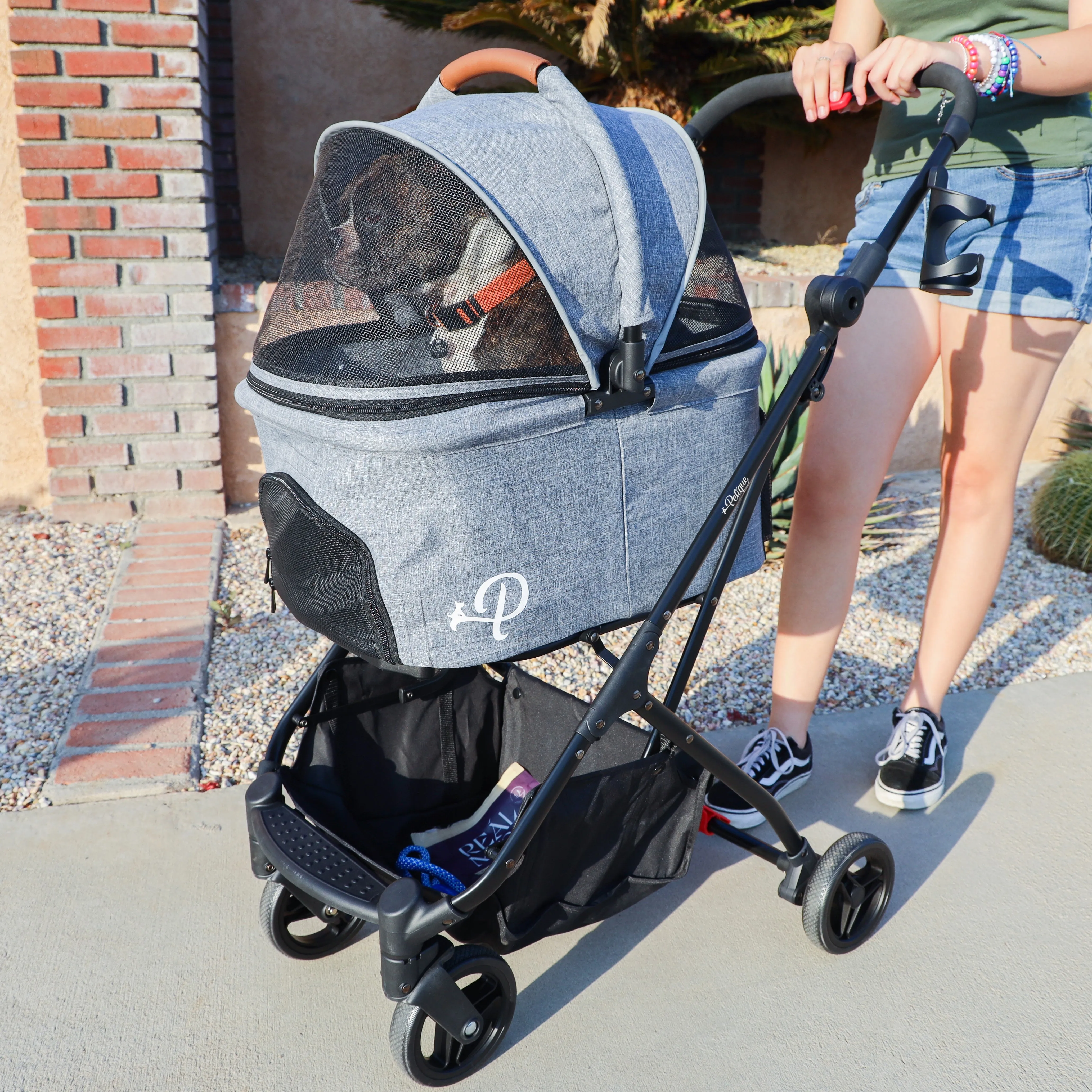 3-in-1 Travel Tri-Fold Pet Stroller: Detachable Carrier, Car Seat, Patented Pee Pad Insert, Lightweight, Collapsible, Pump-Free Wheels, Storage, Ventilation, Dual Wheel Brake, for Dogs, Cats, Small Animals, Supports up to 55 LBS