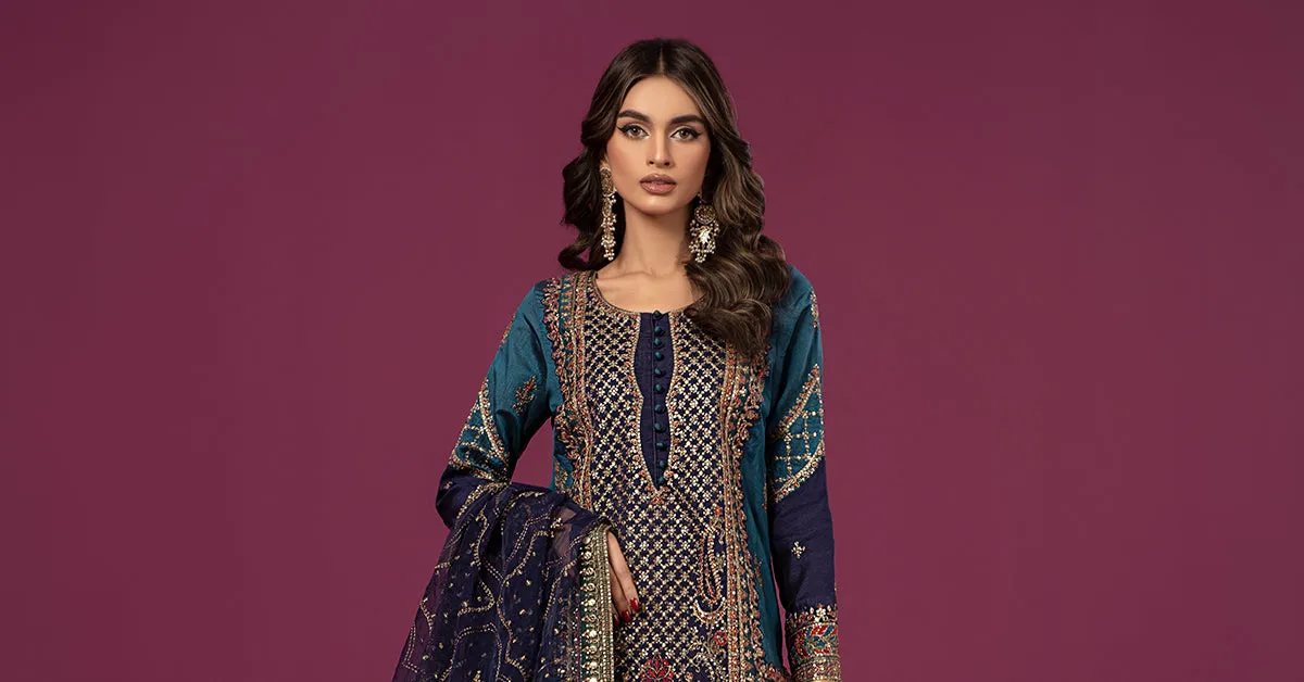 3 Piece Embroidered Raw Silk Suit | SF-EF24-27