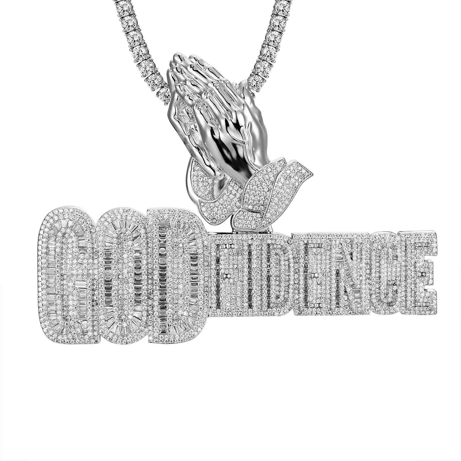 925 Silver Godfidence Praying Hands Baguette Bling Custom Pendant