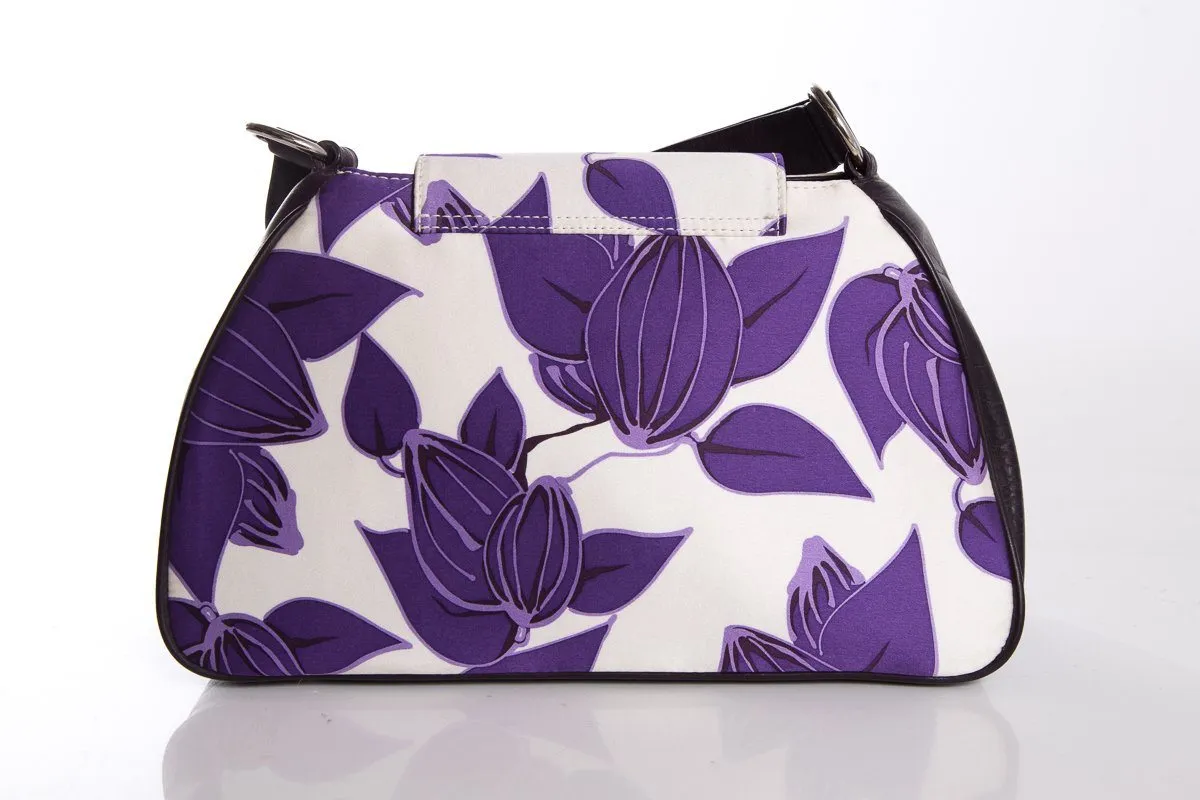 Agnes & Hoss White & Purple Silk Handbag with Floral Print