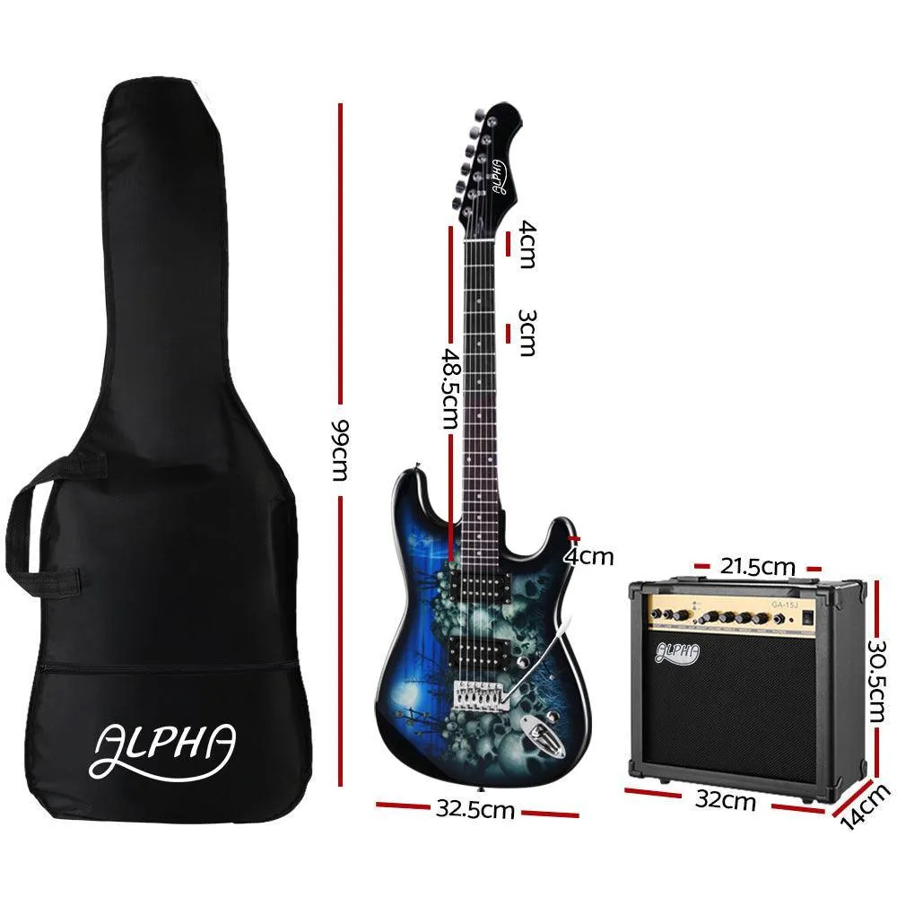 Alpha Electric Guitar And AMP Music String Instrument Rock Blue Carry Bag Steel String