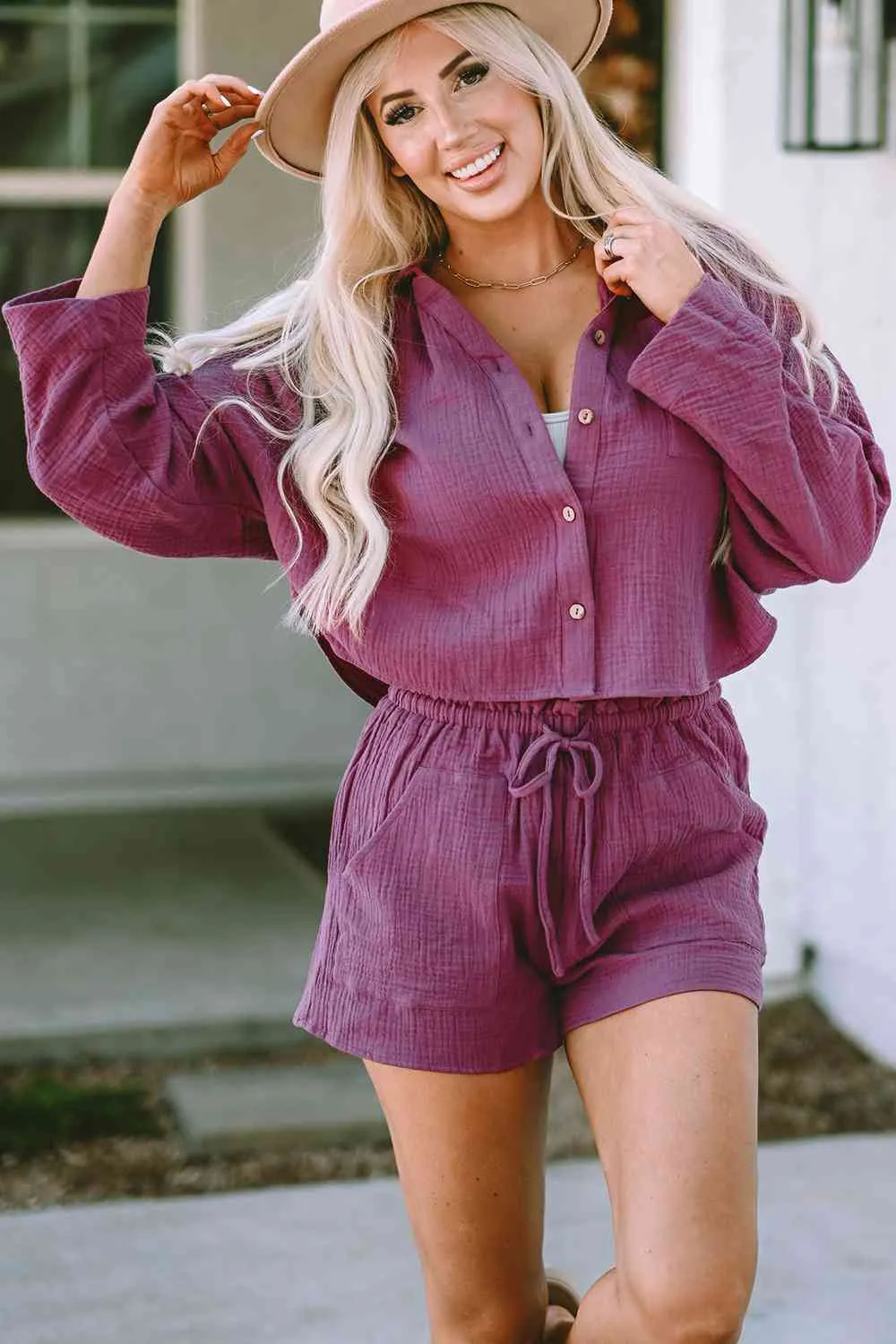 *APP EXCLUSIVE* Buttoned Long Sleeve Top and Shorts Set