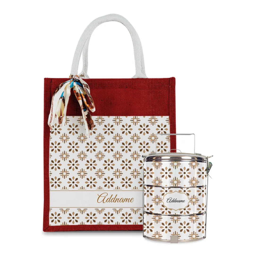 Arabesque Tawny Brown Colourful Jute Bag with Tiffin Carrier Set