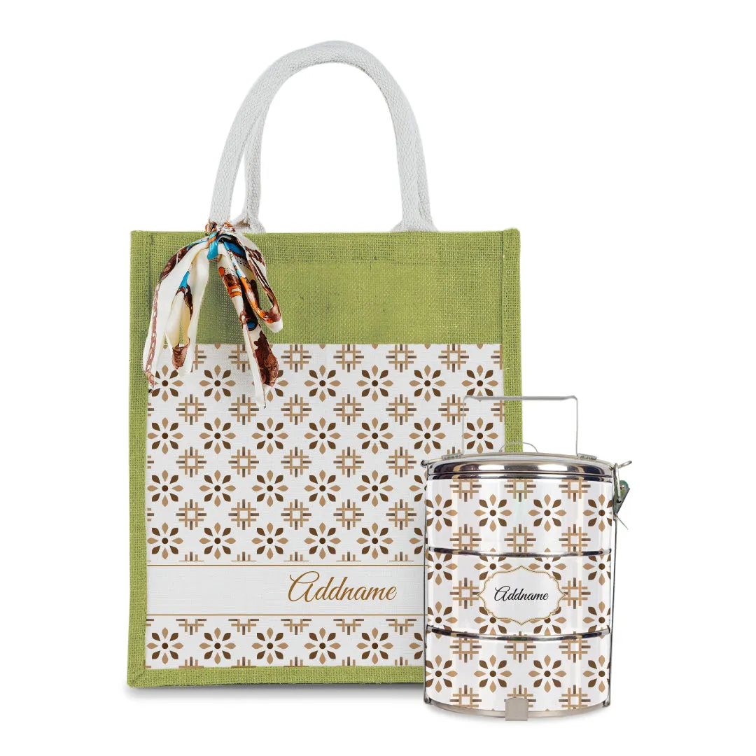 Arabesque Tawny Brown Colourful Jute Bag with Tiffin Carrier Set