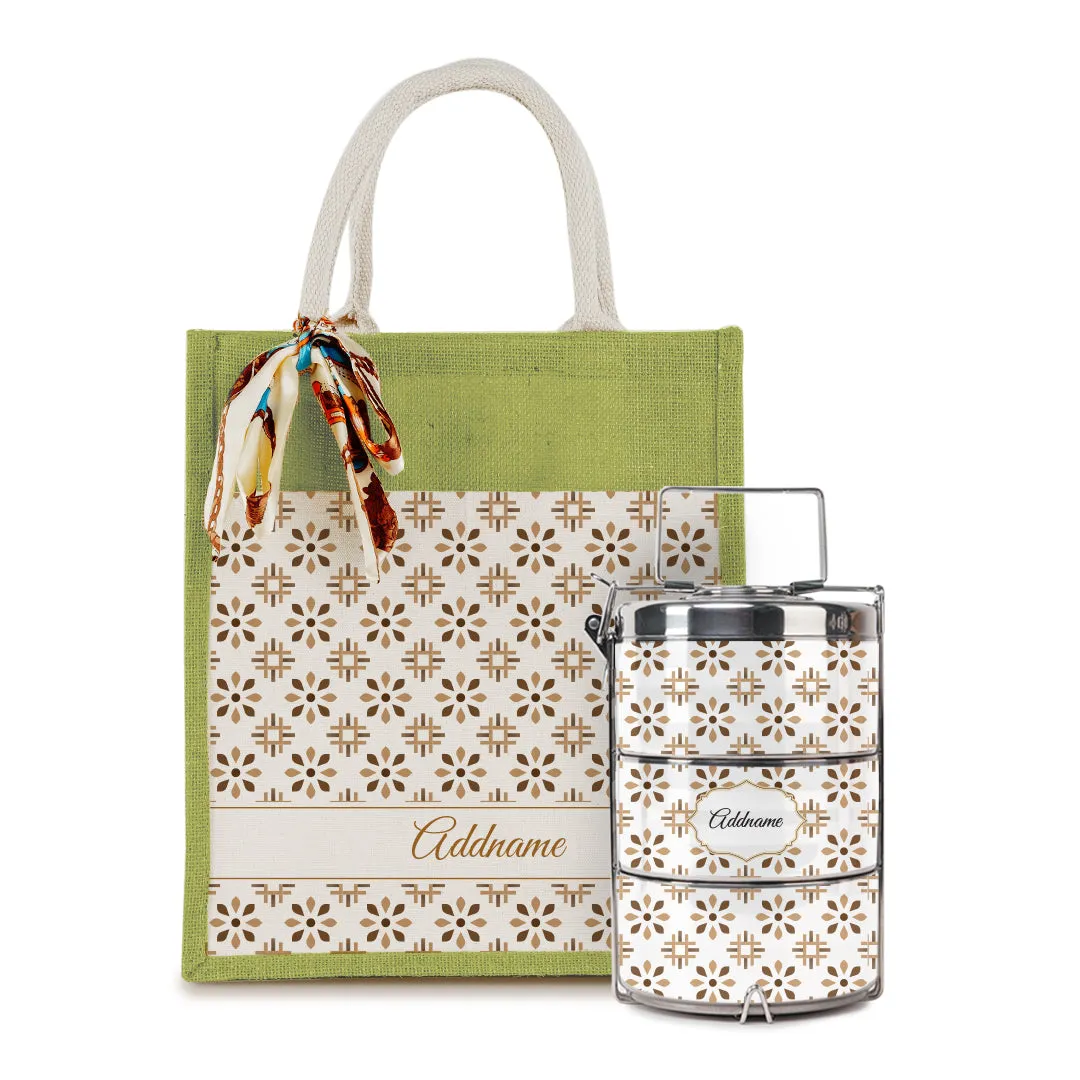 Arabesque Tawny Brown Colourful Jute Bag with Tiffin Carrier Set