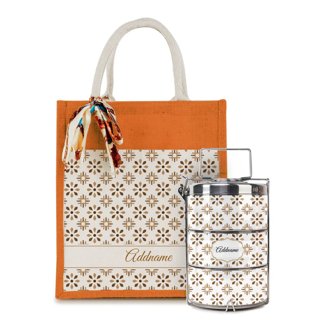 Arabesque Tawny Brown Colourful Jute Bag with Tiffin Carrier Set