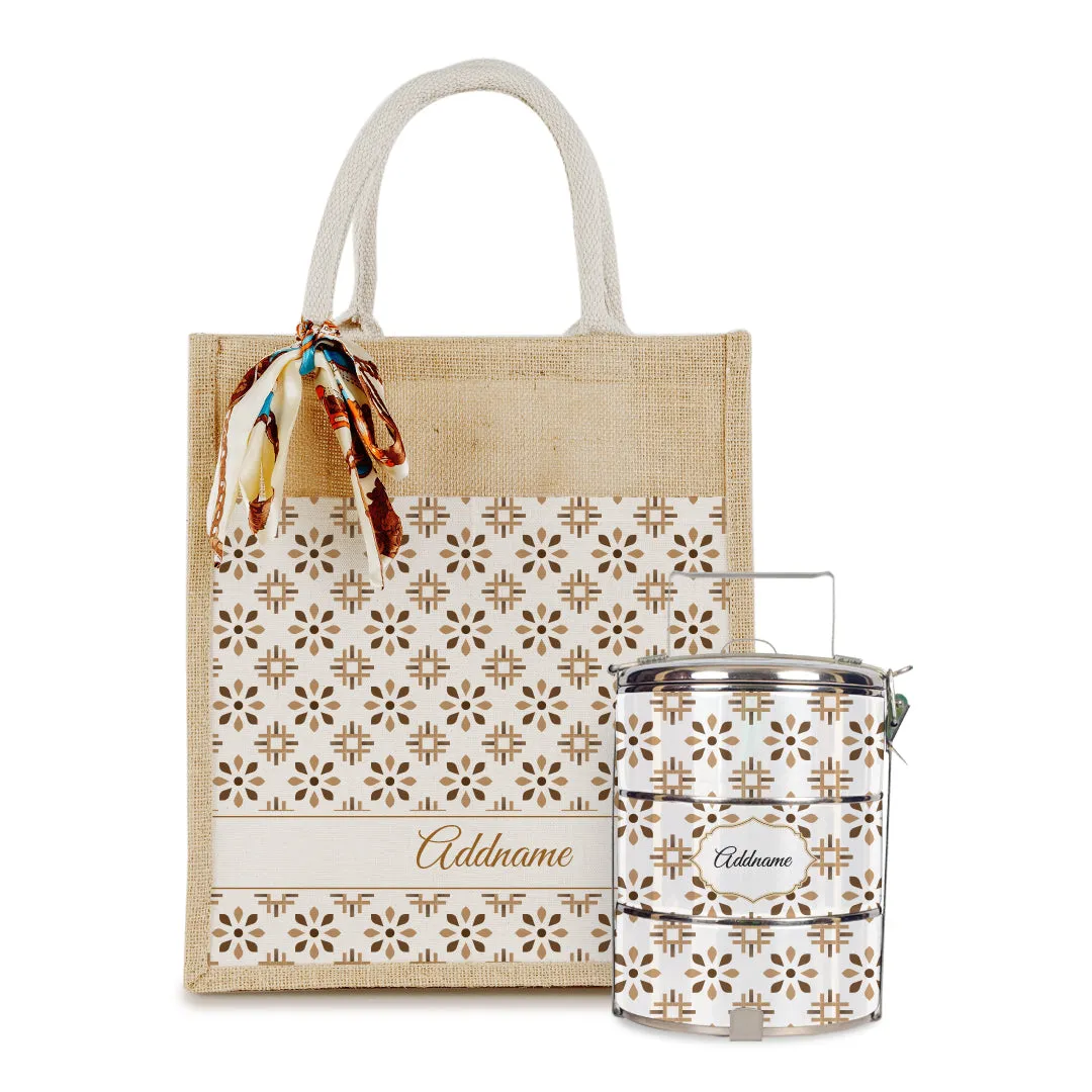 Arabesque Tawny Brown Colourful Jute Bag with Tiffin Carrier Set