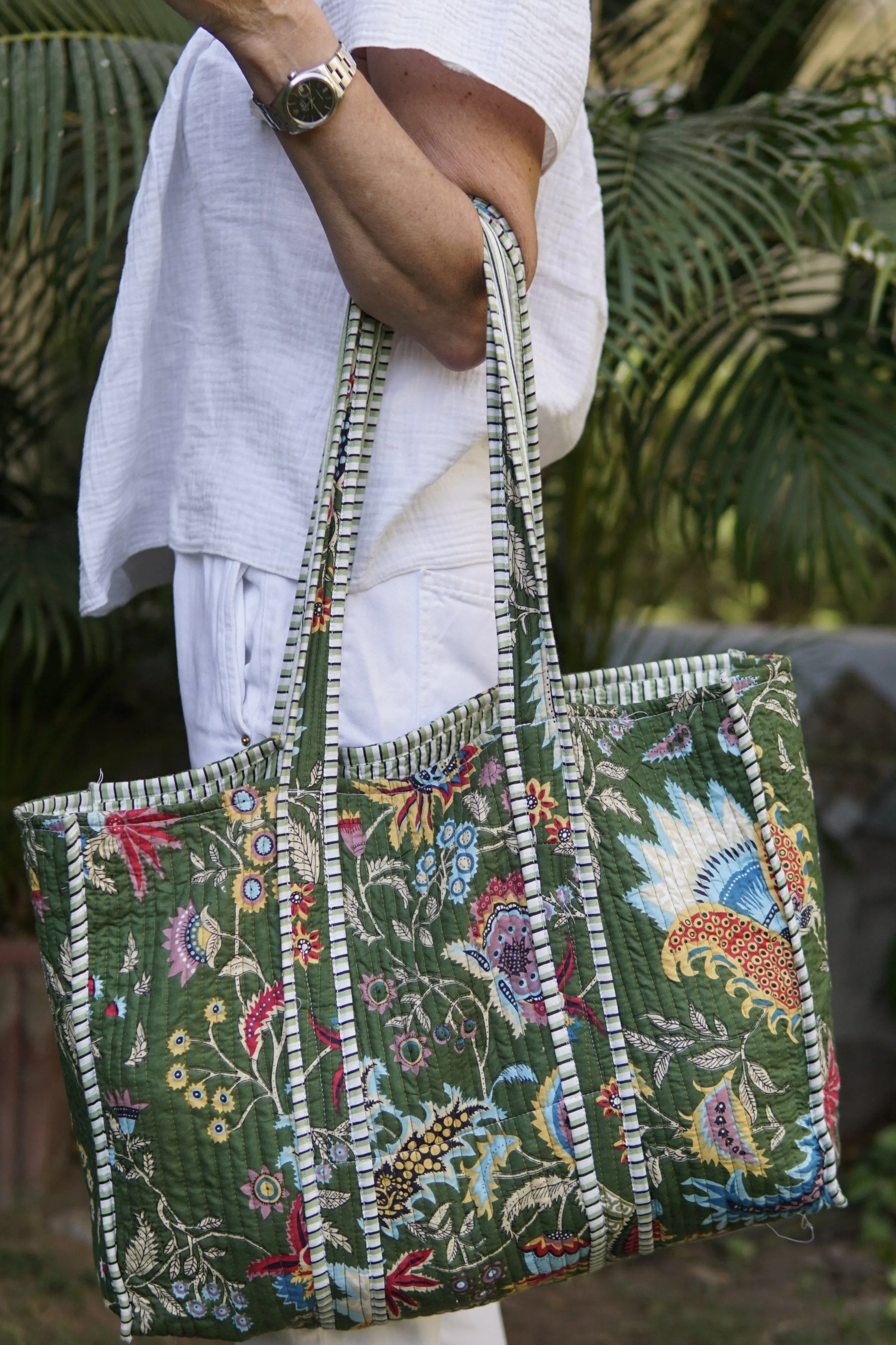 Beach Bag, XL Green and white jungle print tote bag with contrast lining with pocket. large cotton beach bag