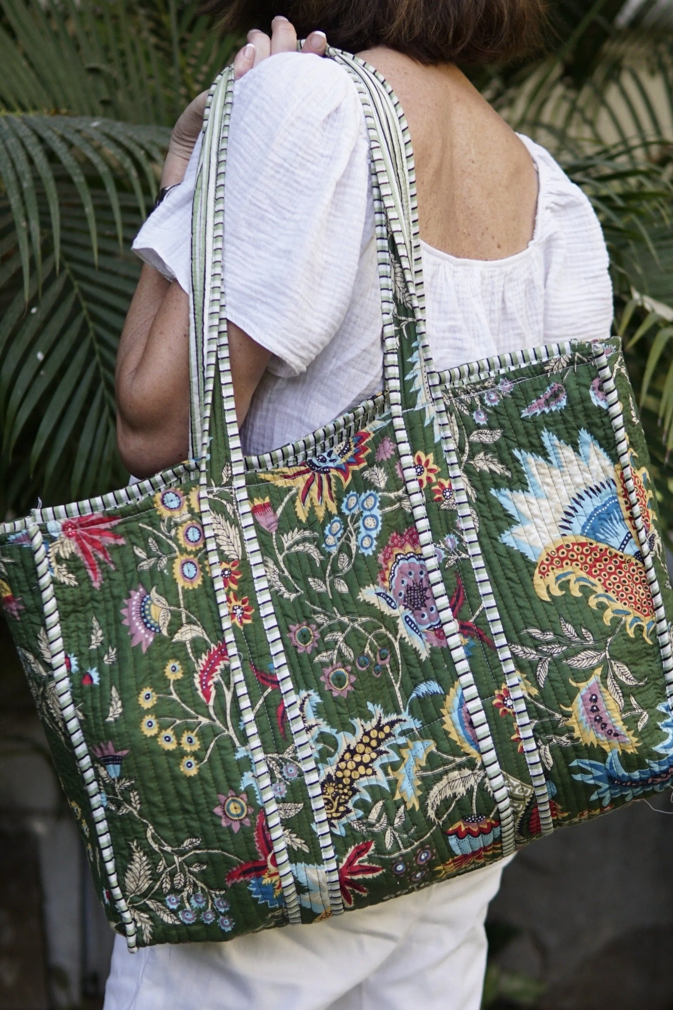 Beach Bag, XL Green and white jungle print tote bag with contrast lining with pocket. large cotton beach bag