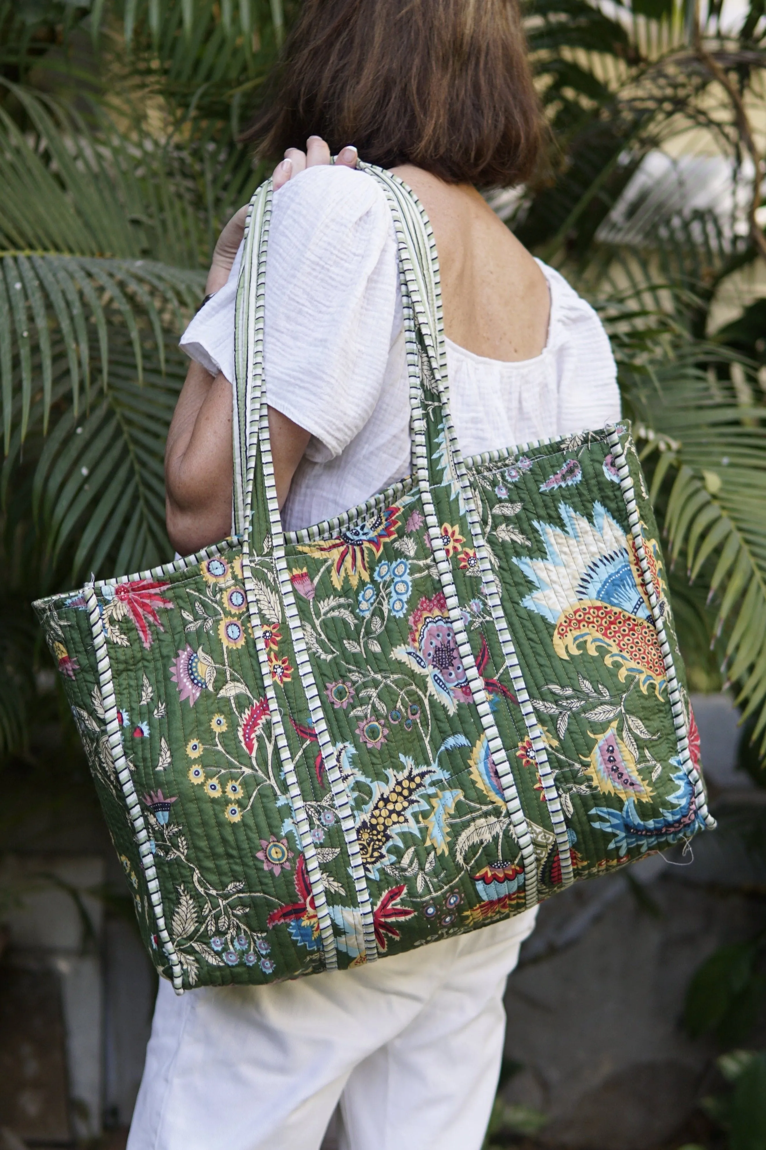 Beach Bag, XL Green and white jungle print tote bag with contrast lining with pocket. large cotton beach bag