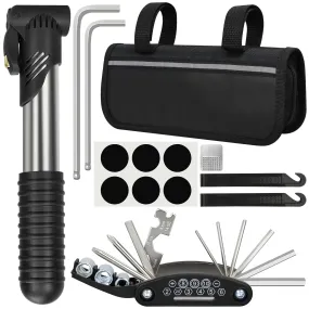 Bike Repair Kit, Bicycle Repair Bag With Tire Pump, Bike Tool Kit for Camping Cycling, 16-in-1 Bike Multitool, Bicycle Tire Repair Kit, 4mm and 5mm Allen Wrenches, Used for Mountain Bike and Road Bike