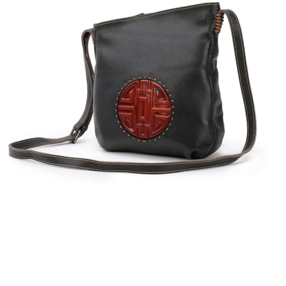 Black Leather Handbag Embossed Boho Retro Asian