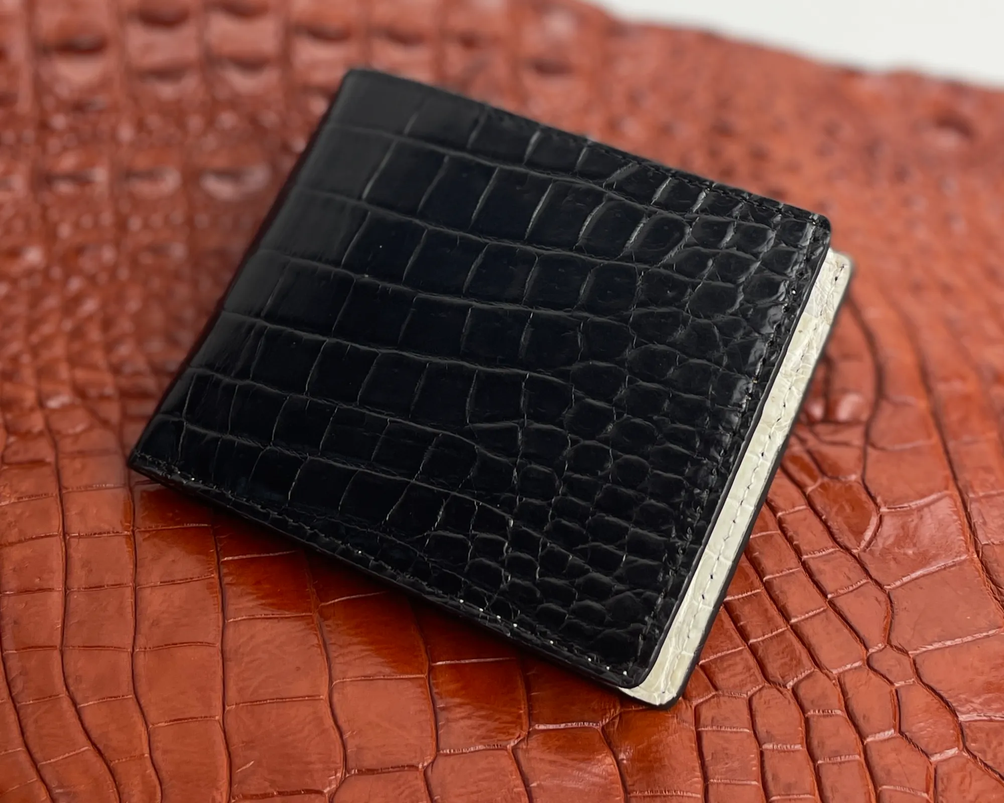 Black White Double Side Alligator Slim Bifold Wallet For Men | Handmade Crocodile Belly Leather Wallet RFID Blocking | VILE-110