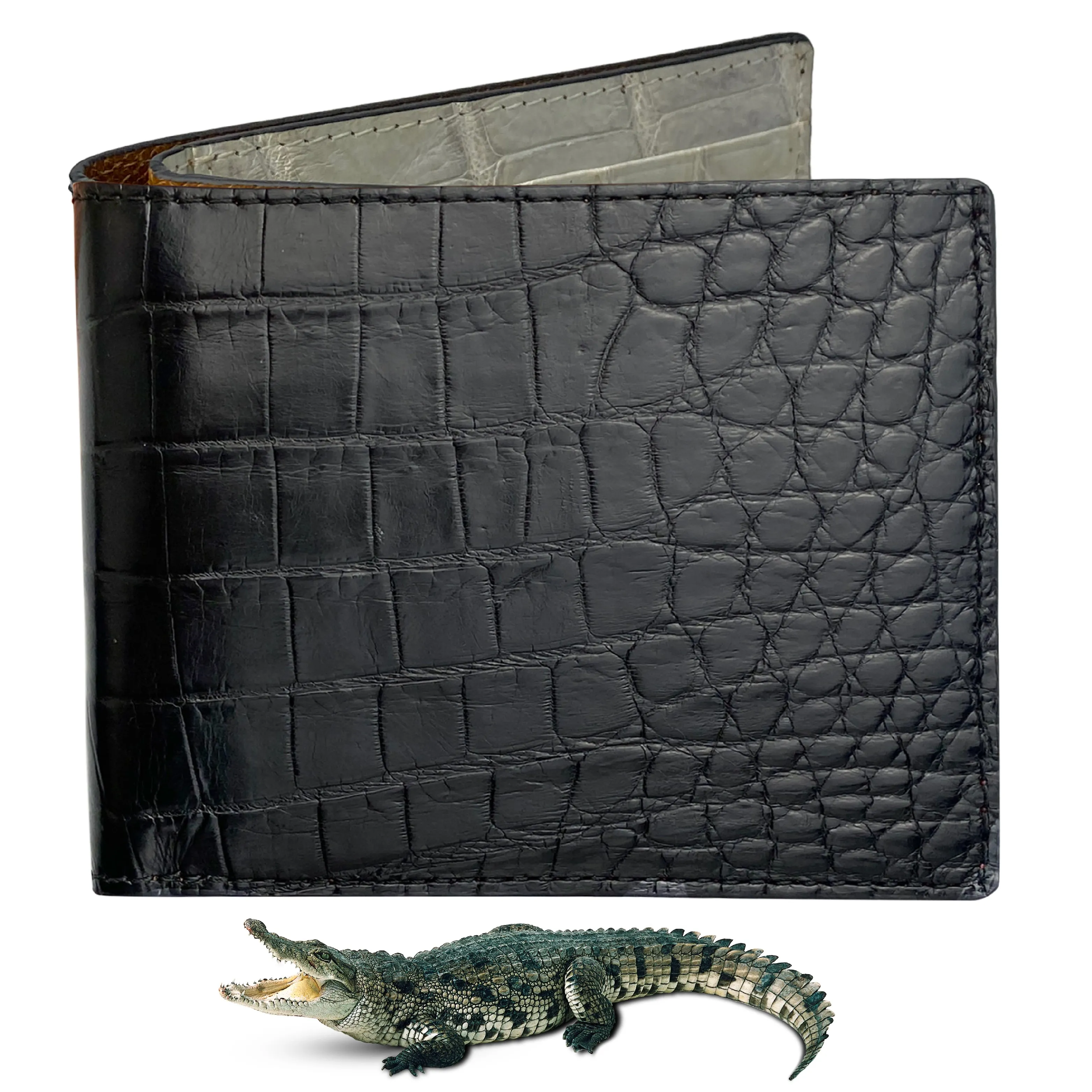 Black White Double Side Alligator Slim Bifold Wallet For Men | Handmade Crocodile Belly Leather Wallet RFID Blocking | VILE-110