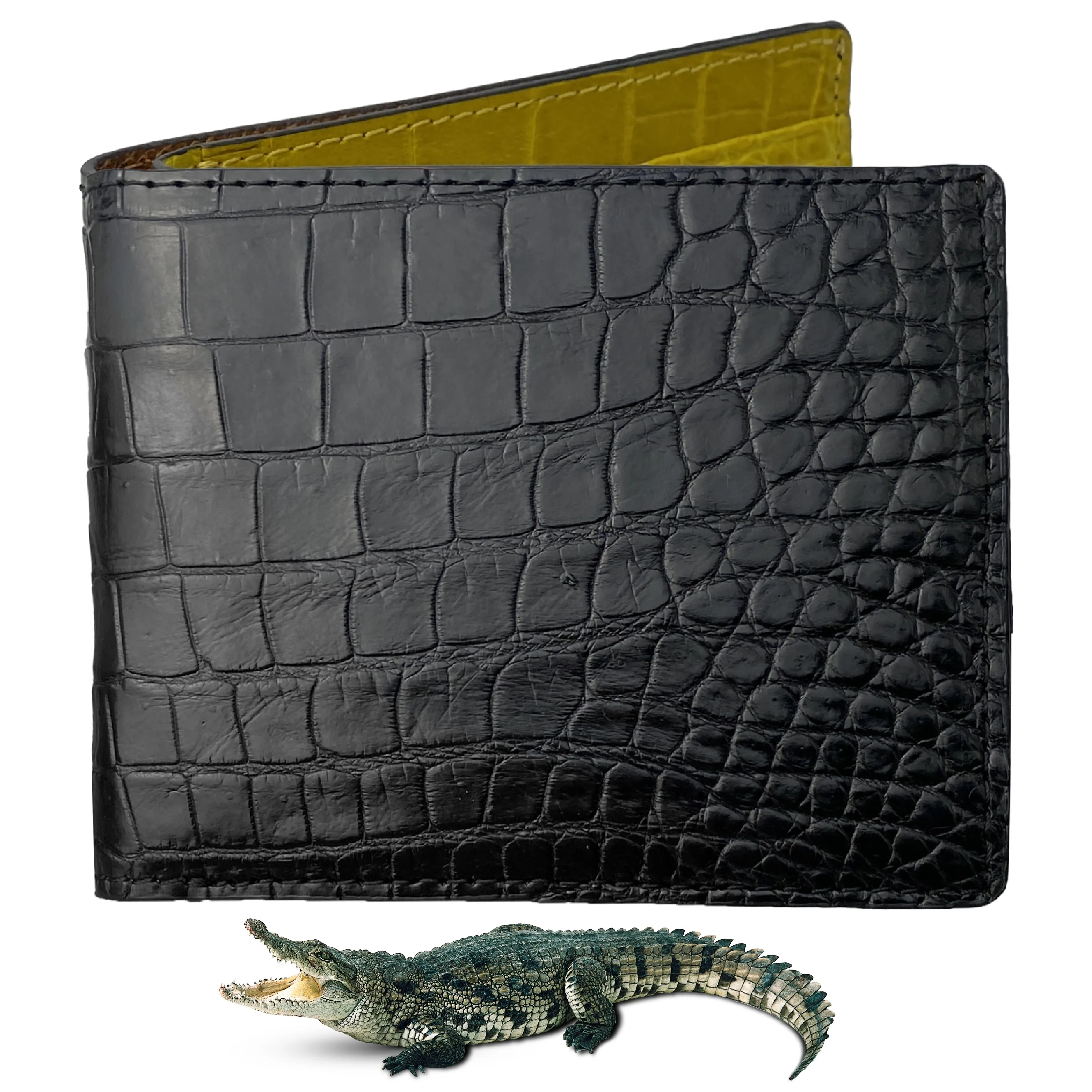 Black Yellow Double Side Alligator Leather Slim Bifold Wallet For Men | Handmade Crocodile Belly Leather Wallet RFID Blocking | VILE-119