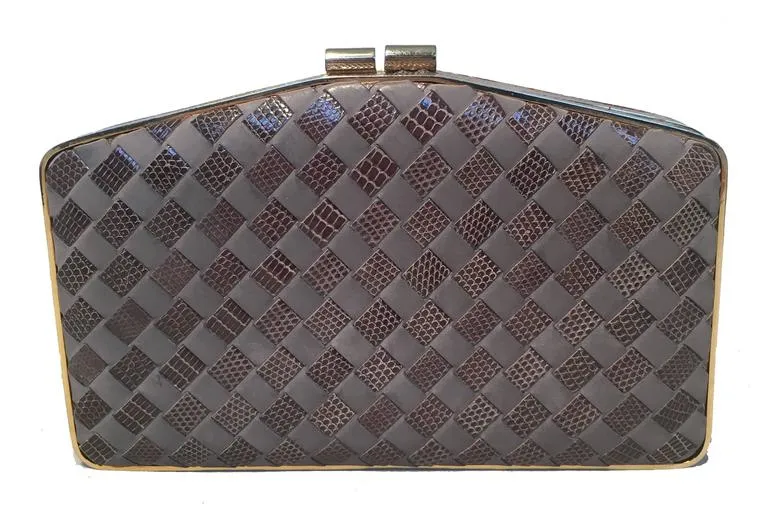 Bottega Veneta Vintage Woven Grey Lizard and Leather Clutch