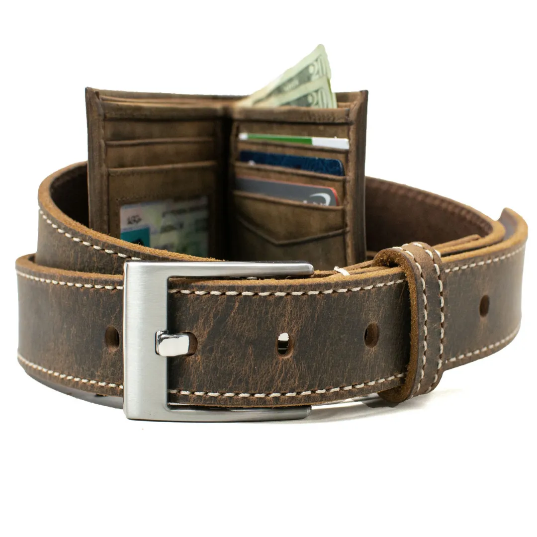 Caraway Mountain Distressed Brown Leather Belt (Stitched) & Wallet Set by Nickel Smart®