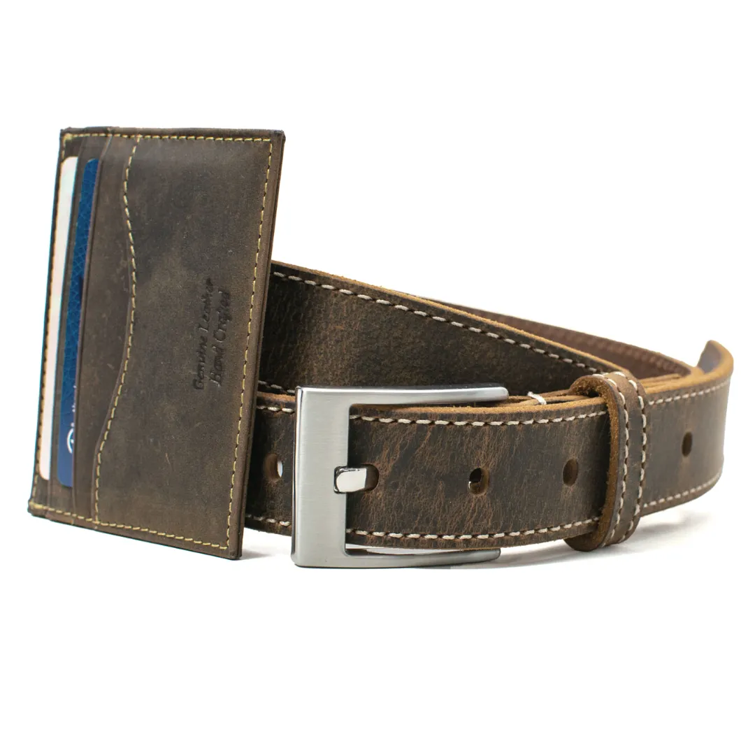 Caraway Mountain Distressed Brown Leather Belt (Stitched) & Wallet Set by Nickel Smart®