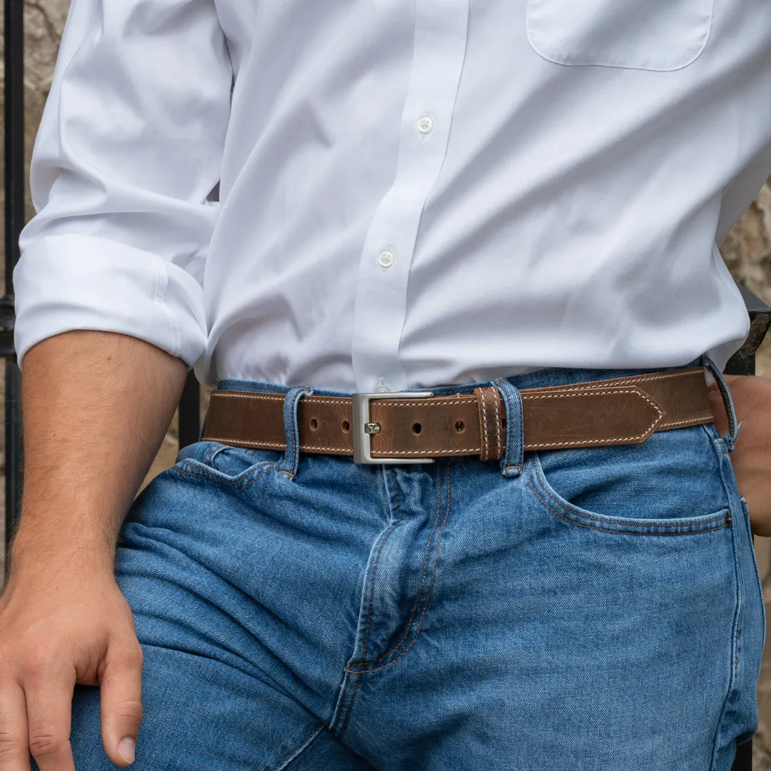 Caraway Mountain Distressed Brown Leather Belt (Stitched) & Wallet Set by Nickel Smart®