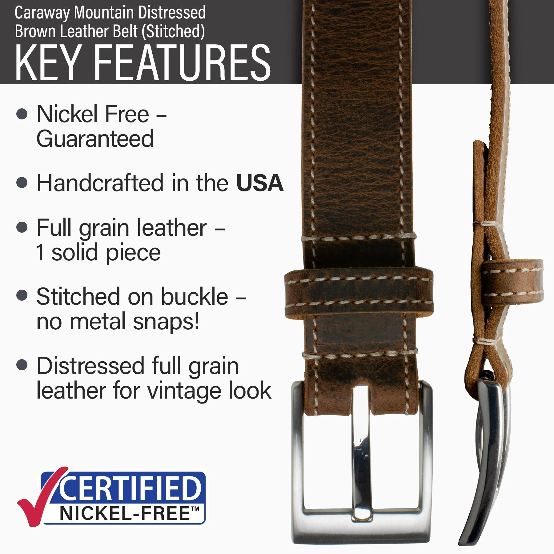 Caraway Mountain Distressed Brown Leather Belt (Stitched) & Wallet Set by Nickel Smart®