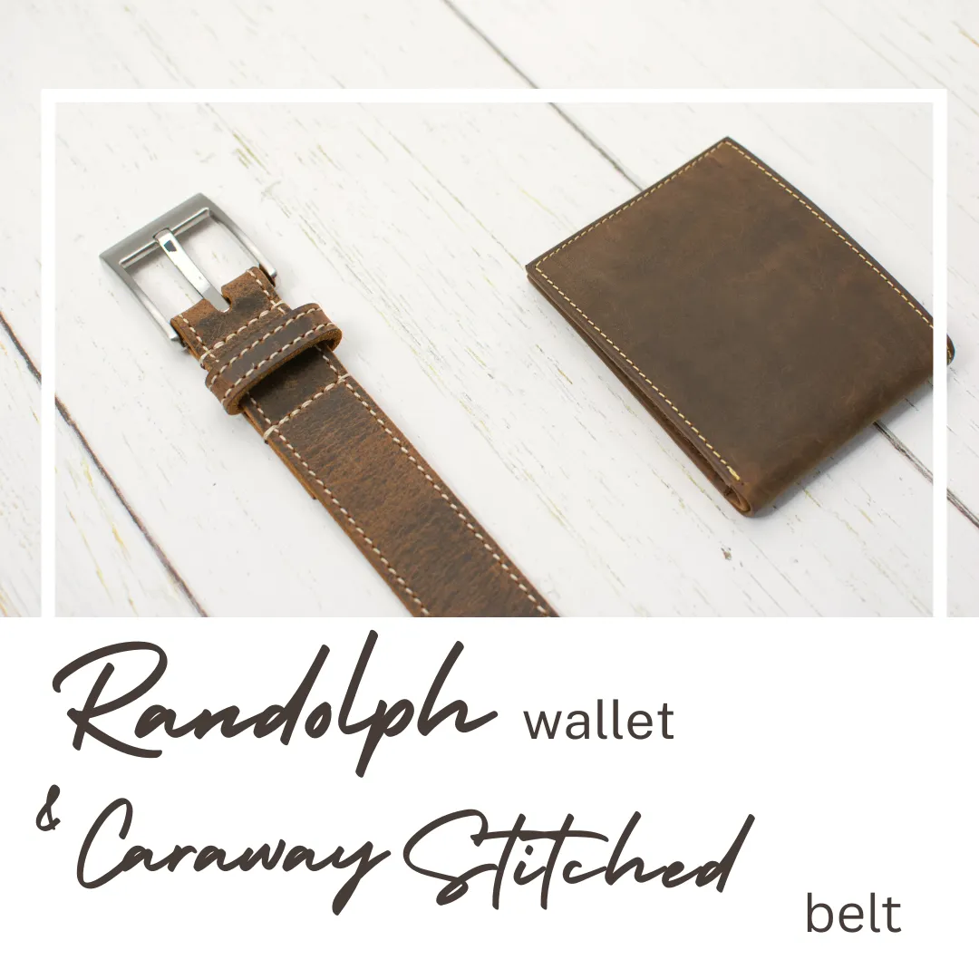 Caraway Mountain Distressed Brown Leather Belt (Stitched) & Wallet Set by Nickel Smart®