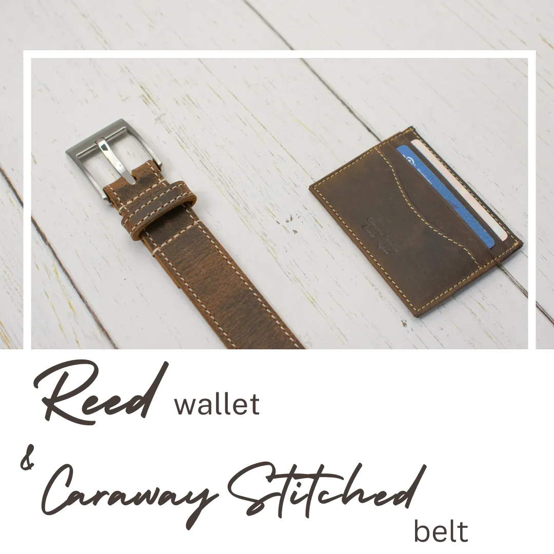 Caraway Mountain Distressed Brown Leather Belt (Stitched) & Wallet Set by Nickel Smart®