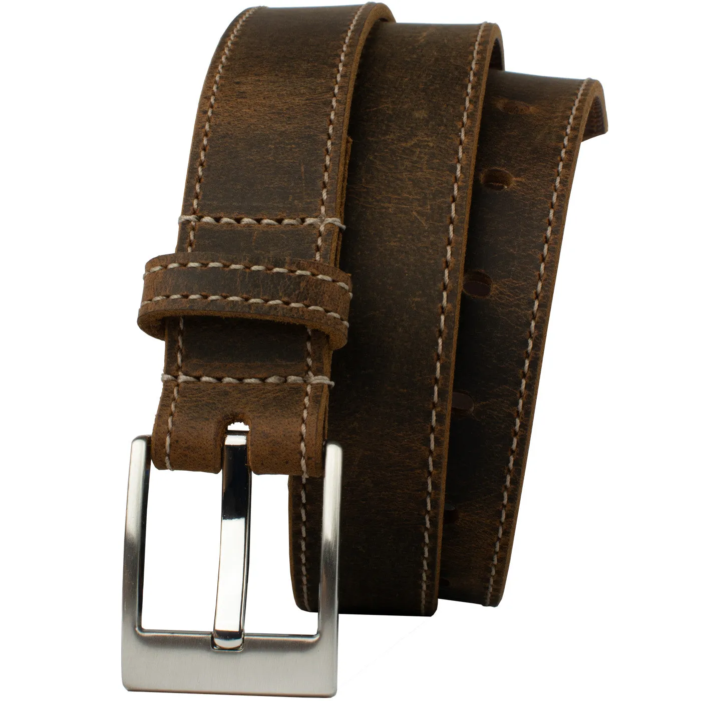 Caraway Mountain Distressed Brown Leather Belt (Stitched) & Wallet Set by Nickel Smart®