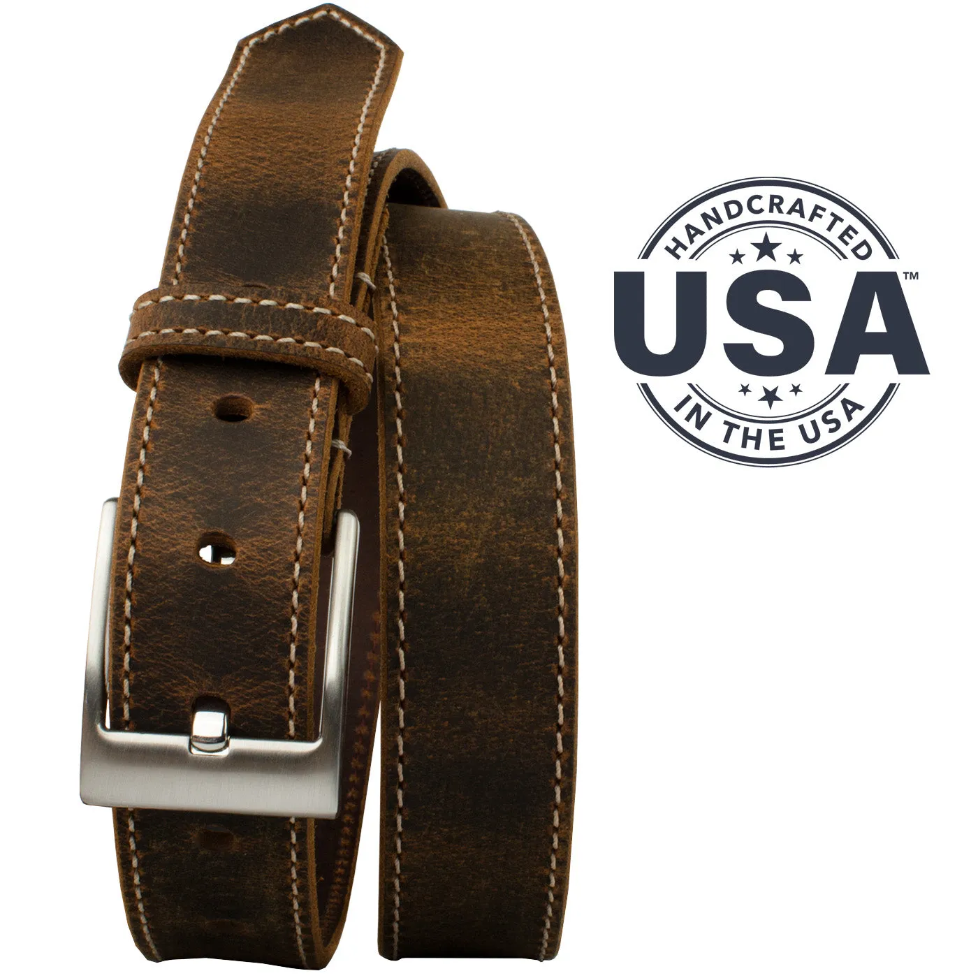 Caraway Mountain Distressed Brown Leather Belt (Stitched) & Wallet Set by Nickel Smart®