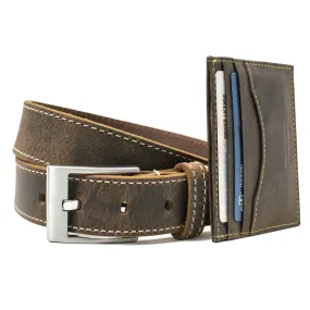 Caraway Mountain Distressed Brown Leather Belt (Stitched) & Wallet Set by Nickel Smart®