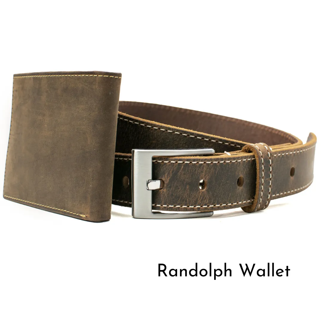 Caraway Mountain Distressed Brown Leather Belt (Stitched) & Wallet Set by Nickel Smart®