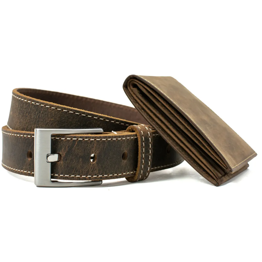 Caraway Mountain Distressed Brown Leather Belt (Stitched) & Wallet Set by Nickel Smart®