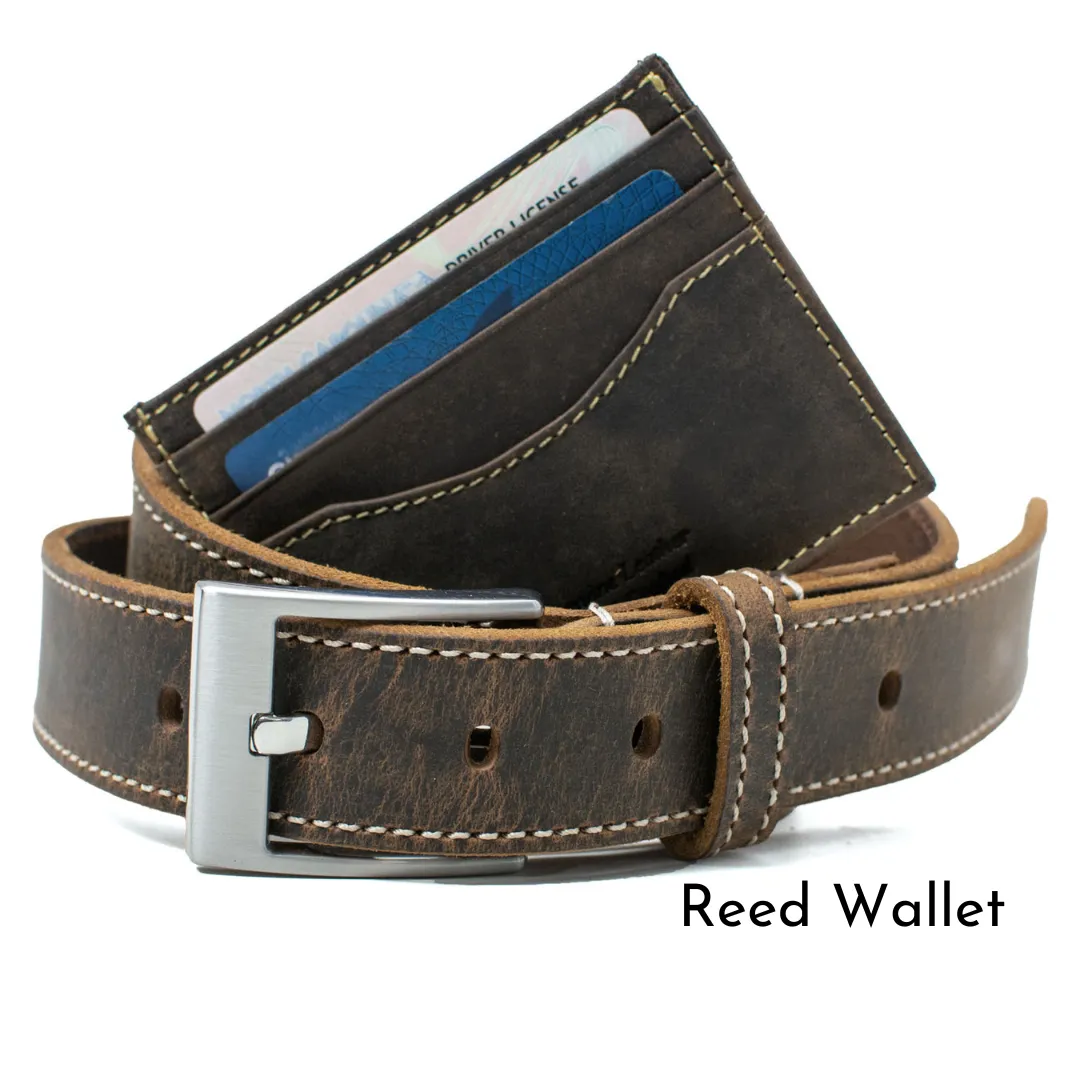 Caraway Mountain Distressed Brown Leather Belt (Stitched) & Wallet Set by Nickel Smart®