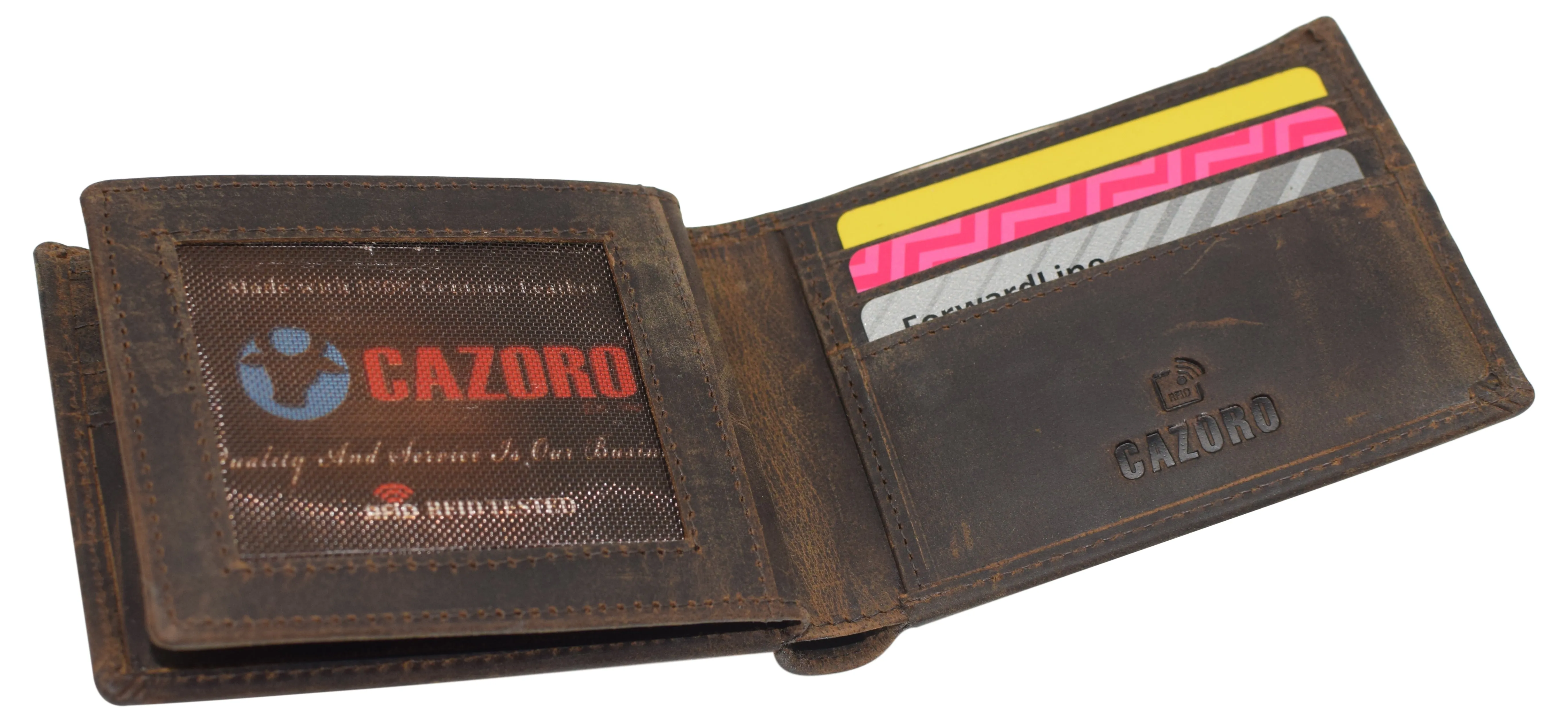 CAZORO RFID Blocking Men's Handmade Vintage Distressed Genuine Leather Bifold ID Window Wallet for Men 9-Series 52HTC