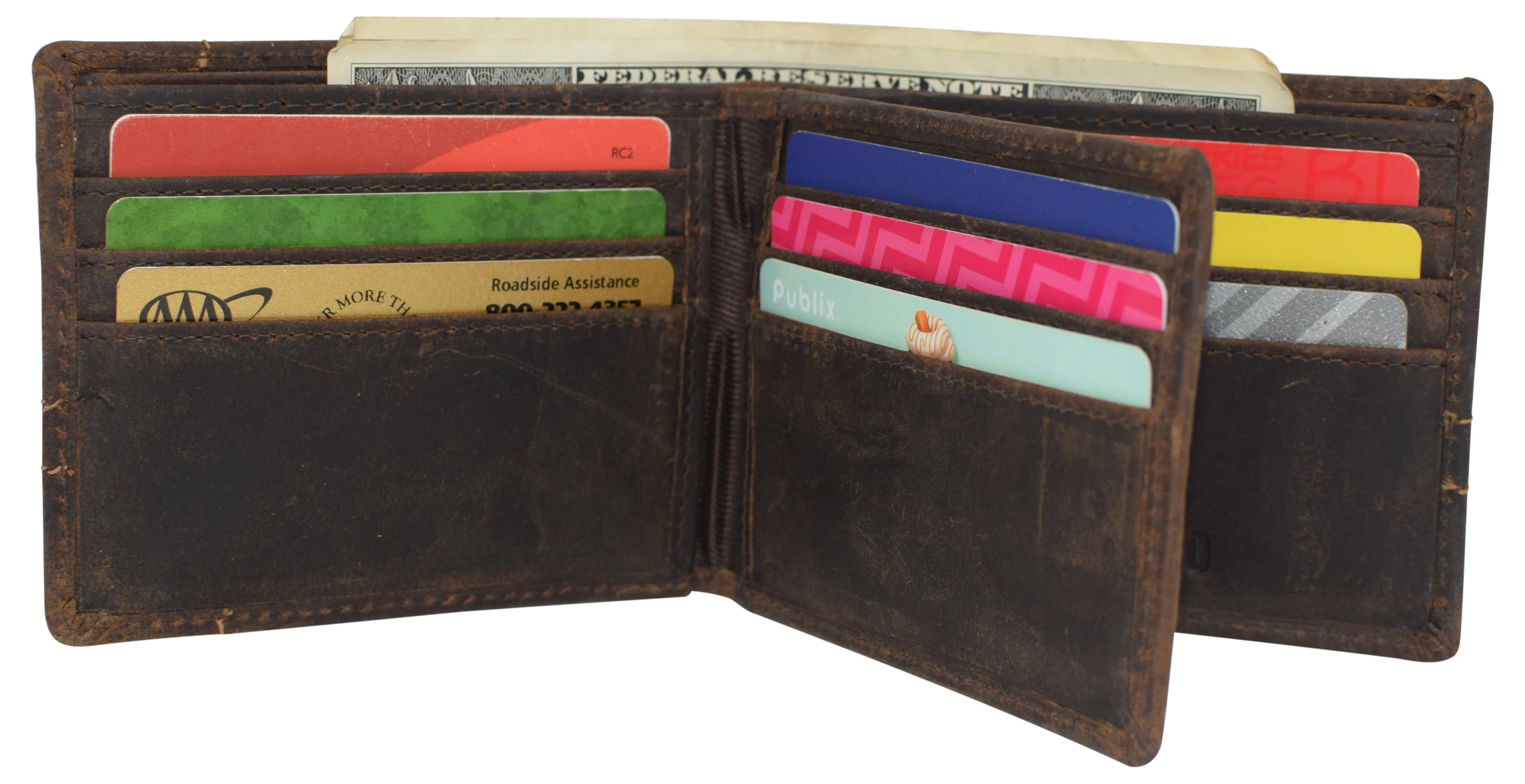 CAZORO RFID Blocking Men's Handmade Vintage Distressed Genuine Leather Bifold ID Window Wallet for Men 9-Series 52HTC