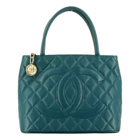 Chanel Caviar Medallion Tote Bag Teal Blue