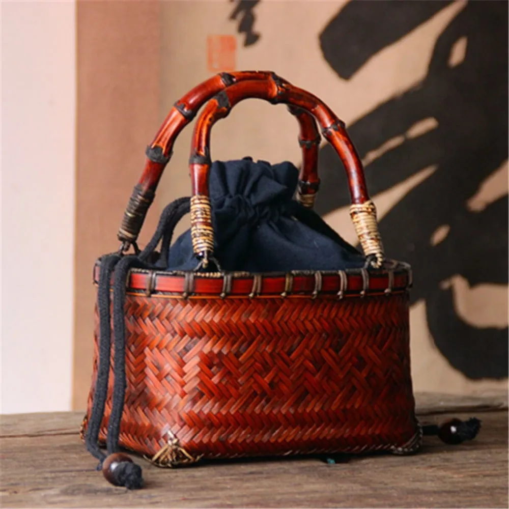 Chinese Style Rattan Woven Handbag with Bamboo Handle