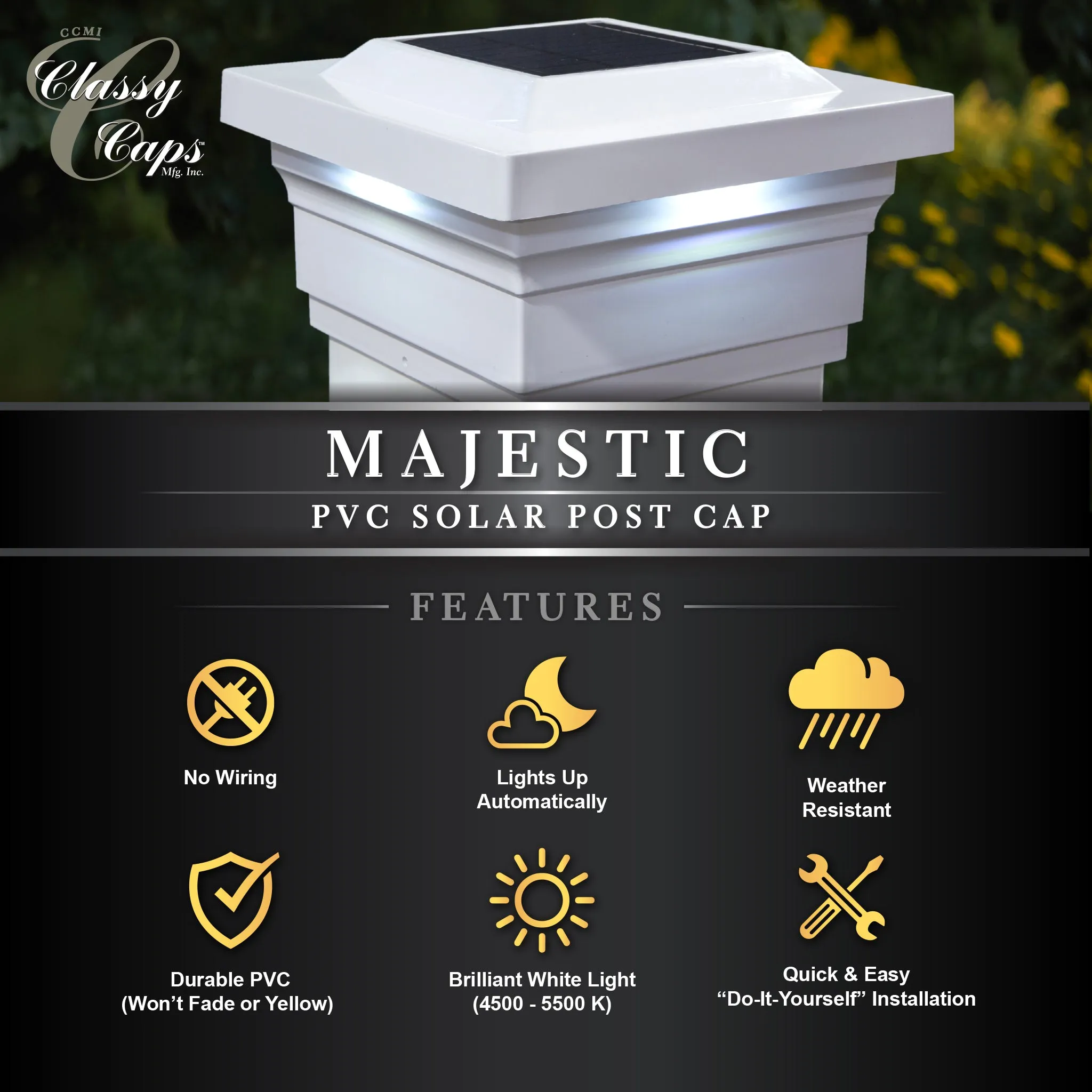 Classy Caps 5X5 White Pvc Majestic Solar Post Cap SLO75W