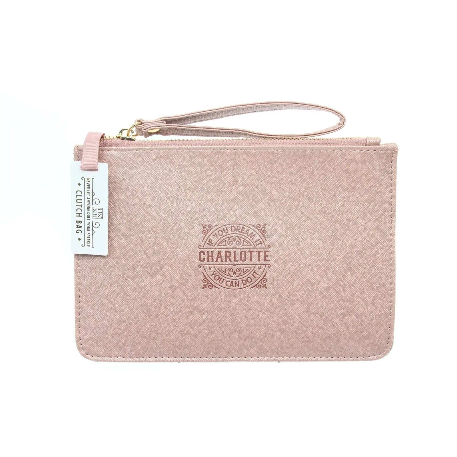 Clutch Bag With Handle & Embossed Text "Charlotte"