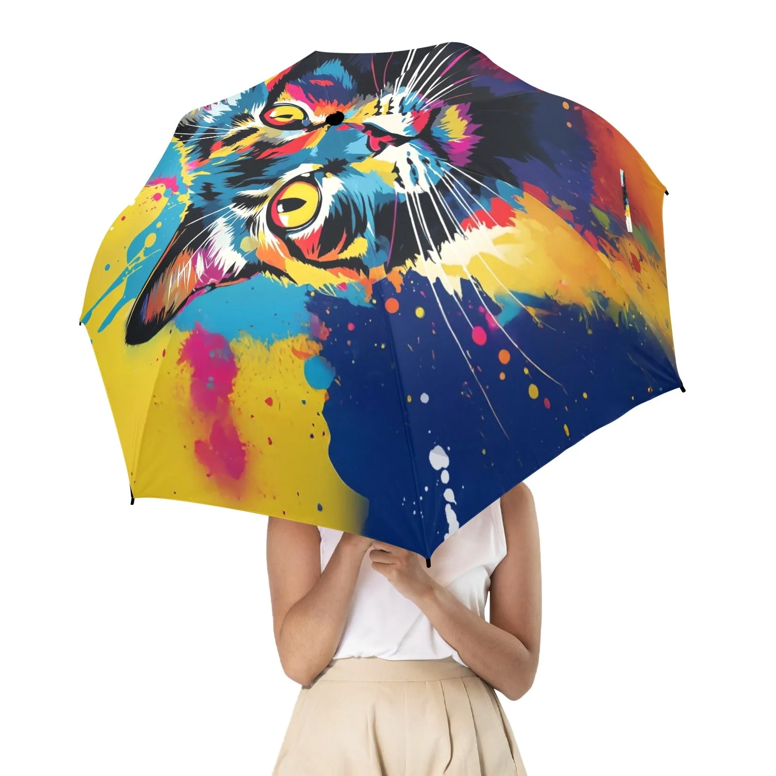 Colorful Cat Design Semi-Automatic Foldable Umbrella