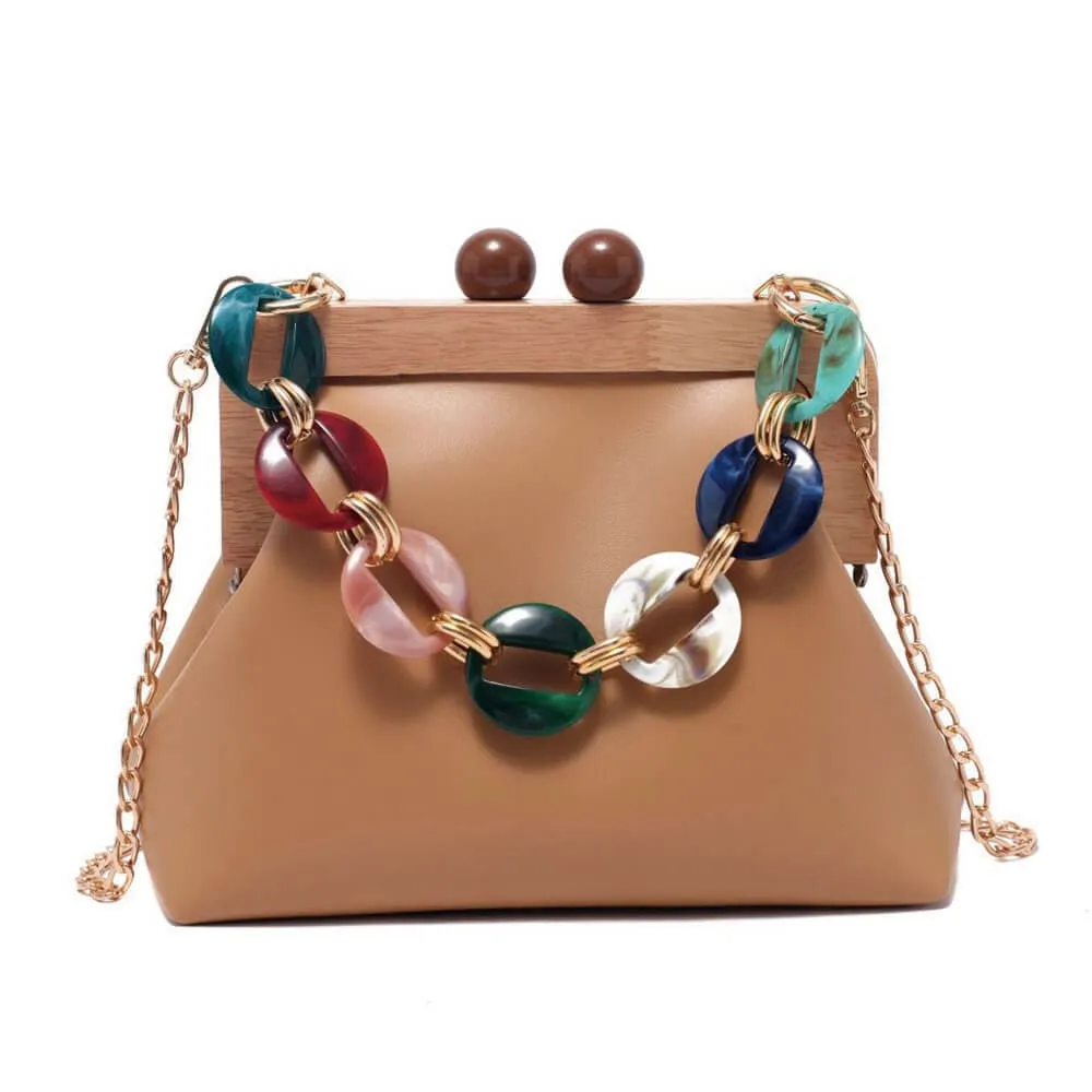 Designer Wooden Clutch Crossbody Bag With Acrylic Bold Chains