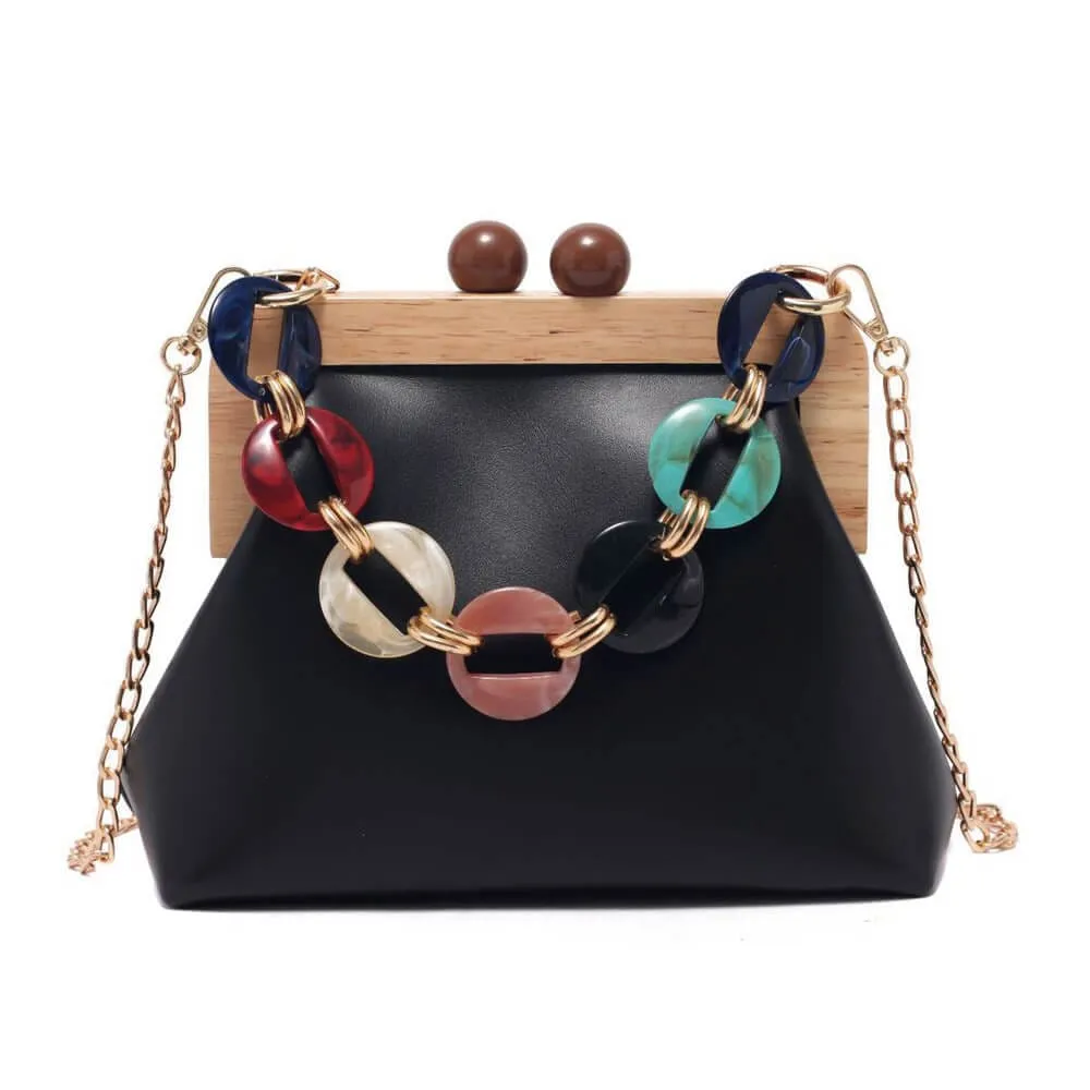 Designer Wooden Clutch Crossbody Bag With Acrylic Bold Chains