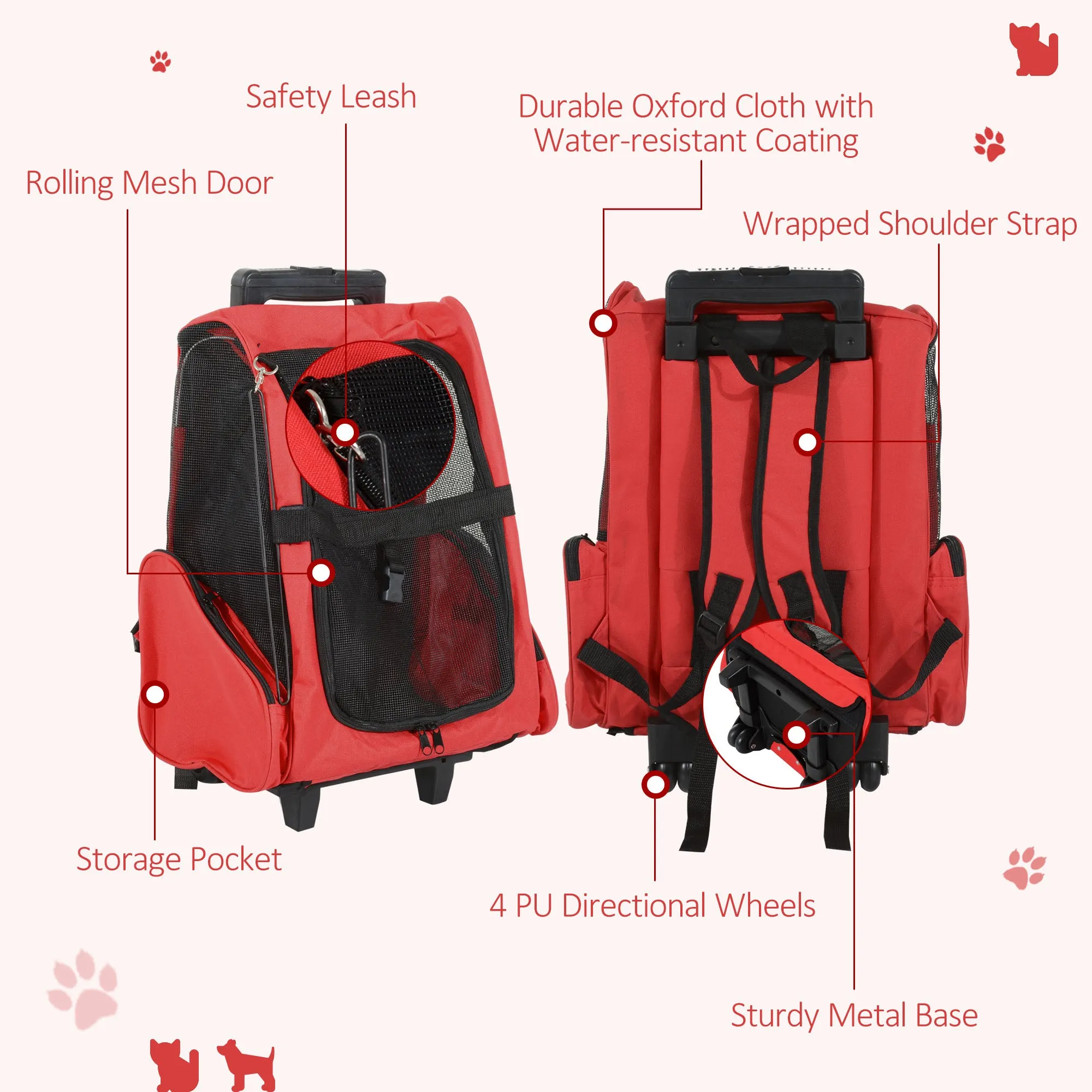 Dog Carrier Bag Travel Backpack Bag Cat Carrier Dog Bag w/ Trolley and Telescopic Handle, 42 x 25 x 55 cm, Red